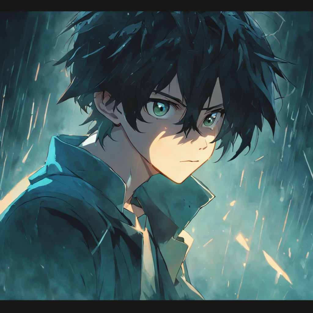 Alex's decision is represented by a close-up of his face, showing his determination and courage. The scene is illuminated by an intense light from a spotlight, while the technological artifact rests in the background, symbolizing his choice to leave it behind.