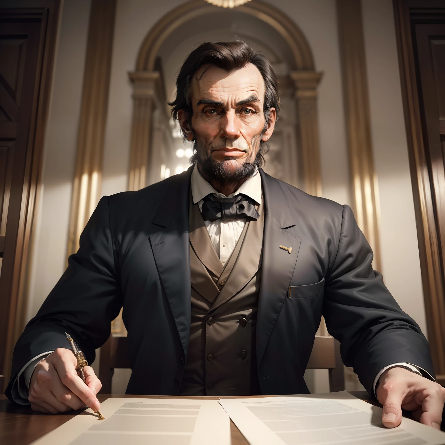 <lora:TheEmpireStyle:1> TheEmpireStyle, white, breathtaking soft painting of abraham lincoln in knight armor, biblic background, books flying around, realistic symmetrical face features, rembrandt style, elegant, highly detailed, artstation, concept art, matte, sharp focus, art by tom bagshaw, and greg rutkowski and goya, hi-tech plastic