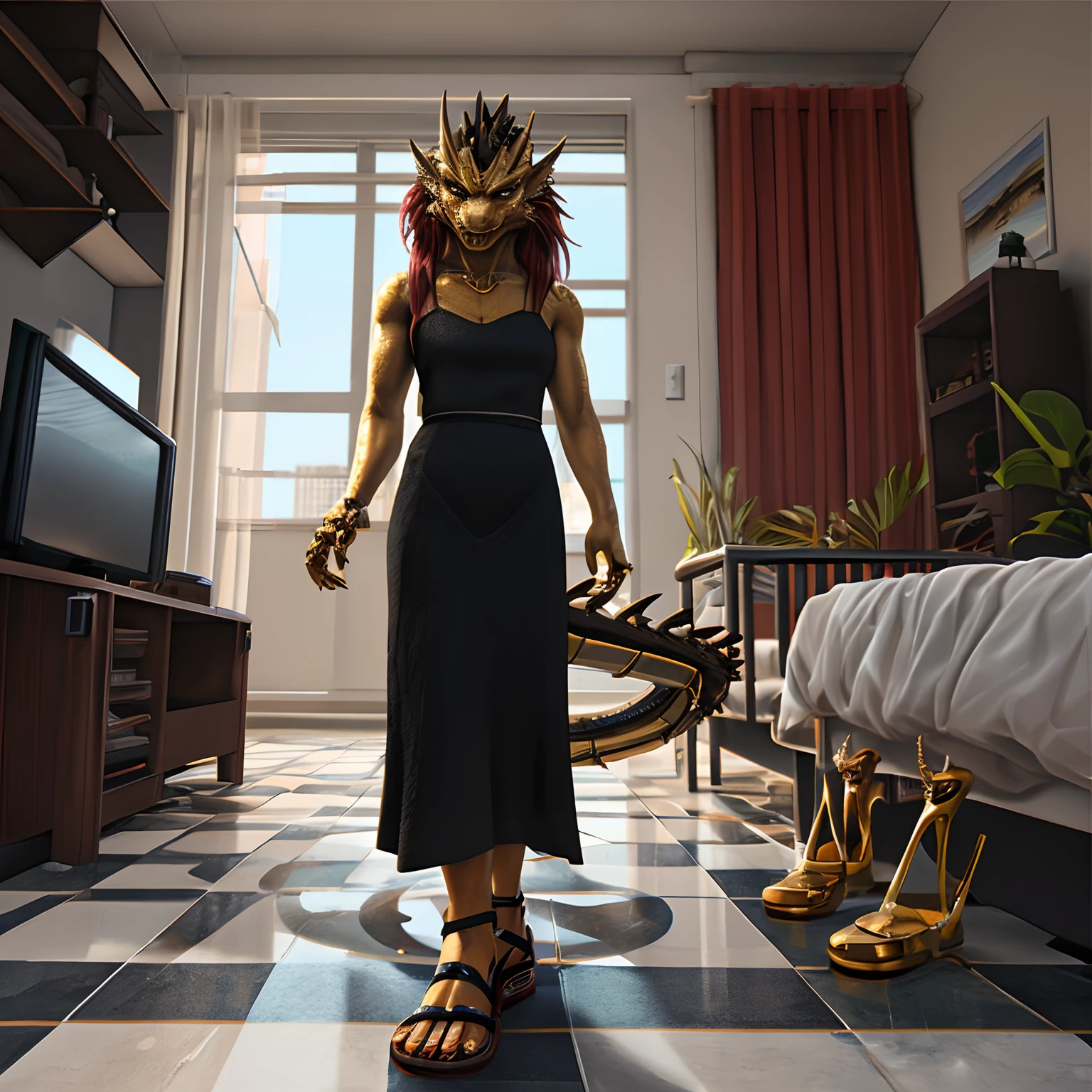 Humanoid golden mechanical dragon，wearing a black dress，sandals，Standing on the tiled floor of the apartment。high-definition image，Rich and realistic in detail，high qulity。Extremely detailed CG
