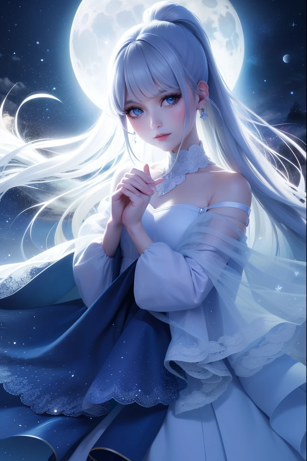 Masterpiece, (Best Quality: 1.2), (Super Fine: 1.2), Illustration, (Extremely Delicate and Beautiful: 1.2), Film Angle, Floating, (Beautiful Detail Eye: 1.1), (Detail Light: 1.1), Film Lights, Delicate Sky, Woman, White Hair, Blue Eyes, (High Ponytail: 1.1), Cloak, Glowing Eyes, (Moon: 1.2), (Moonlight: 1.1), Starry Sky, (Light Particles: 1.1), Fog , snow painting, sketching, blooming