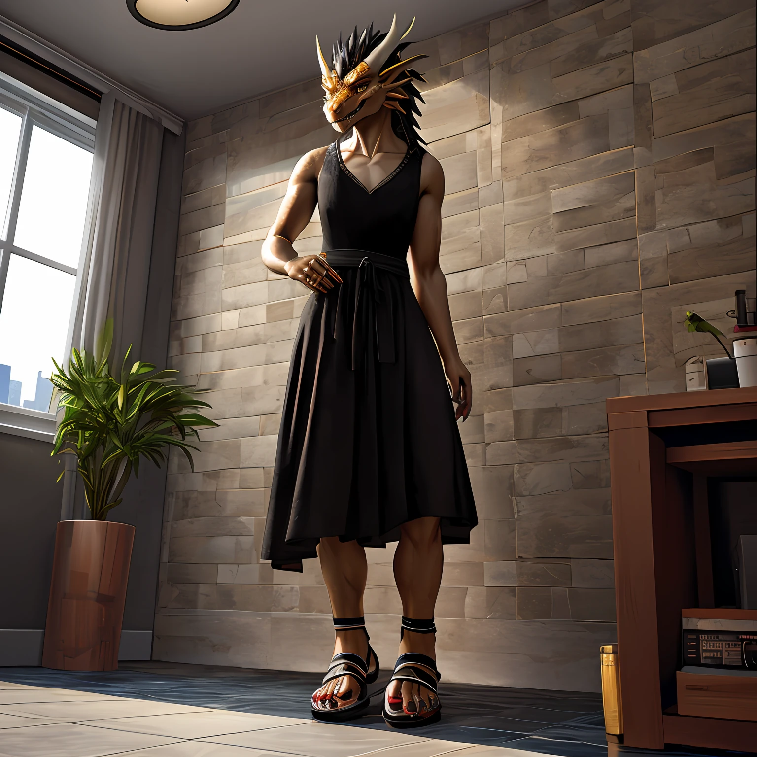 Humanoid golden mechanical dragon，wearing a black dress，sandals，Standing on the tiled floor of the apartment。high-definition image，Rich and realistic in detail，high qulity。Extremely detailed CG