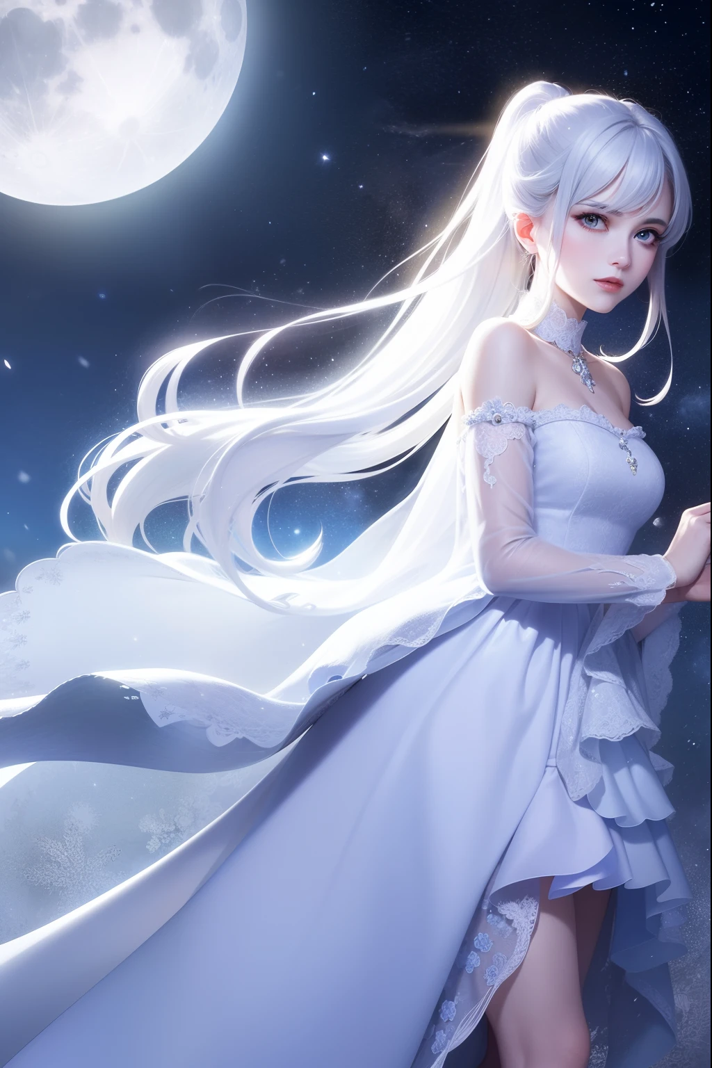 masterpiece, (best quality:1.2), (ultra-detailed:1.2), illustration, (an extremely delicate and beautiful:1.2),cinematic angle,floating, (beautiful detailed eyes:1.1), (detailed light:1.1),cinematic lighting, beautifully detailed sky, women, white hair, blue eyes, (high ponytail:1.1), cloak, glowing eyes, (moon:1.2), (moonlight:1.1), starry sky, (lighting particle:1.1), fog, snow painting, sketch, bloom