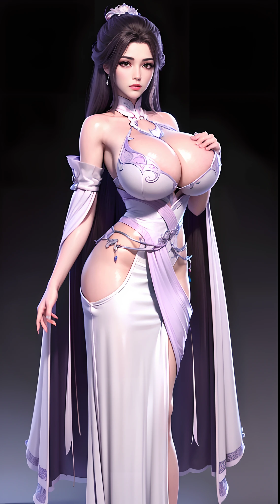Solo, 1 Beautiful Female, Wuxia World, (1 Girl), (Full figure:1.2), (standing:1.1), (Xiuxian World), (big breasts, round breasts:1.4), (big buttock:1.1), (shiny skin:1.1), Chinese Immortal Wuxia, (Purple Cross-collared Top, Ancient Long Skirt, Embroidered Cape, Streamer), Brunette Hair, Chinese Coiled Bun, Hairpin, Light Pink Lips, Calm, Intellectual, Delicate Face, Masterpiece, Best Quality, High Quality, High Definition, High Quality Texture, High Quality Shadows, High Detail, Cinematic Light, Side Lighting, Ray Tracing, Sharp Focus, Realistic, Edge Light, Two-tone Light, (Detailed Skin Details: 1.2), 8k uhd, SLR, soft light, high quality, high resolution, (very detailed CG unity 8k wallpaper)
