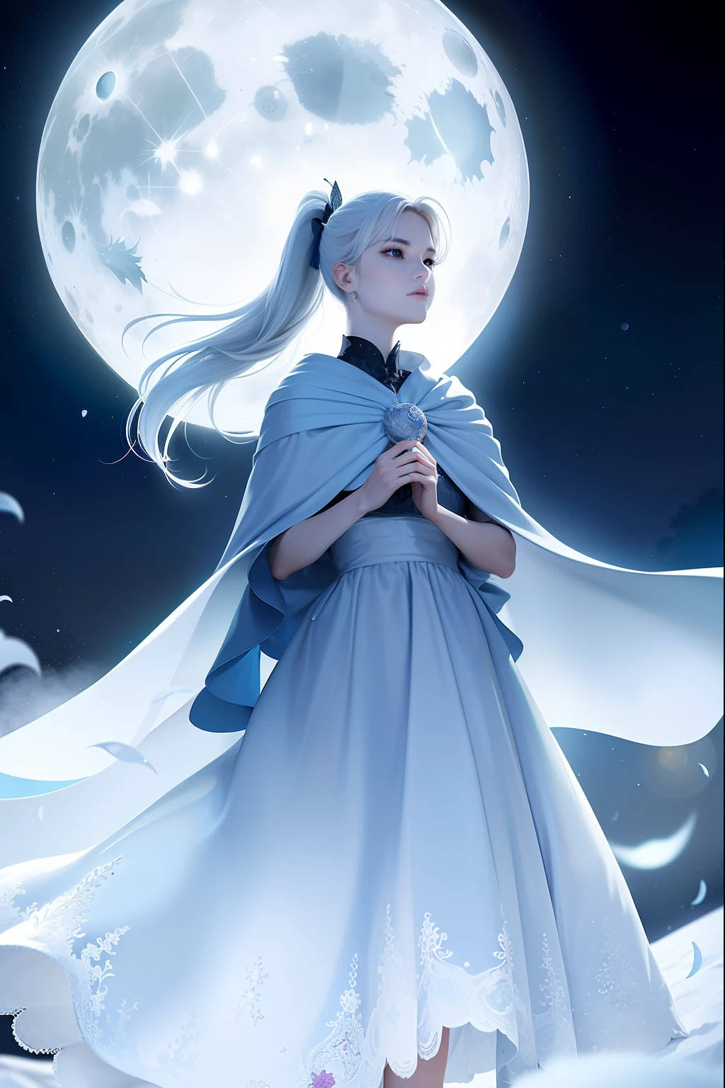 Masterpiece, (Best Quality: 1.2), (Super Fine: 1.2), Illustration, (Extremely Delicate and Beautiful: 1.2), Film Angle, Floating, (Beautiful Detail Eye: 1.1), (Detail Light: 1.1), Film Lights, Delicate Sky, Woman, White Hair, Blue Eyes, (High Ponytail: 1.1), Cloak, Glowing Eyes, (Moon: 1.2), (Moonlight: 1.1), Starry Sky, (Light Particles: 1.1), Fog , snow painting, sketching, blooming