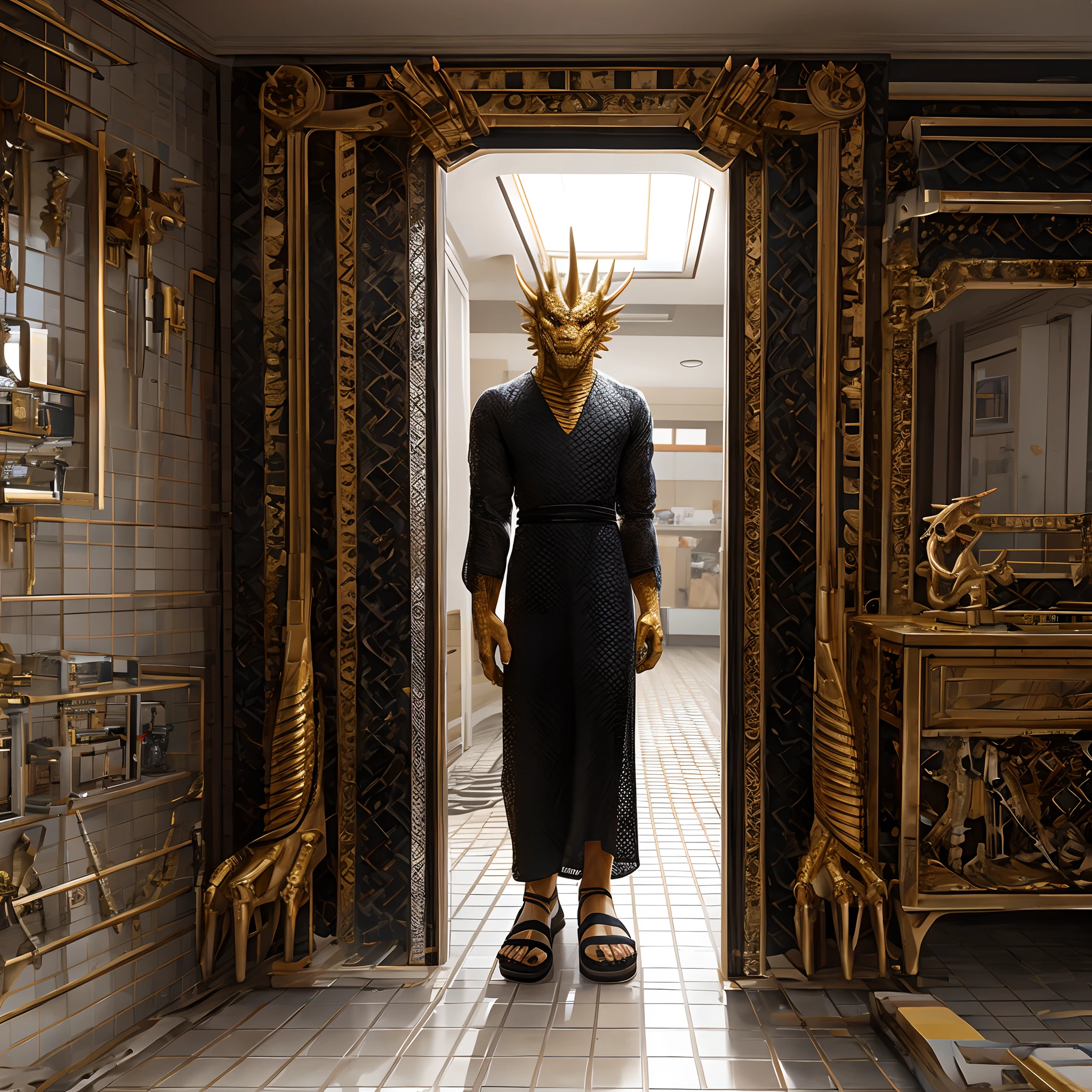 Humanoid golden mechanical dragon,wearing a black dress,sandals,Standing on the tiled floor of the apartment。high-definition image,Rich and realistic in detail,high qulity。Extremely detailed CG