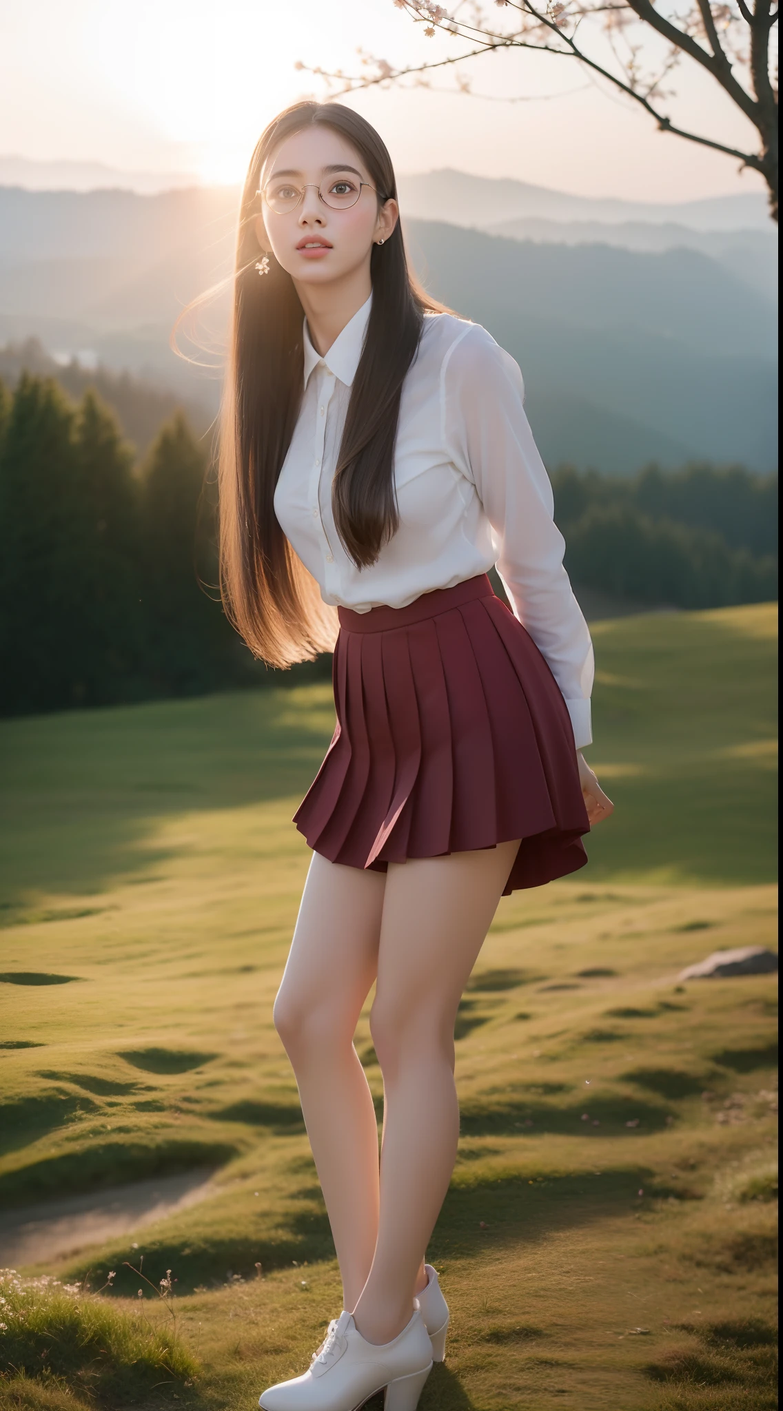 Beautiful young Margaret Qualley, , white skin tone, eyeglasses, large drop earrings, female school uniform, pleated skirt, high heels, midday sun, hyperrealistic, model body, small breasts, beautiful breasts, long hair, Hair straight hair, red tips, long legs, 8k, 超High resolution, best quality, on the frozen mountain, RAW portrait, photorealistic, cherry blossom, ambient lighting, detailed shadows, camera focus on thighs, sexy pose , a large amount of cloudy liquid oozes from the genitals, strong wind, mild fog