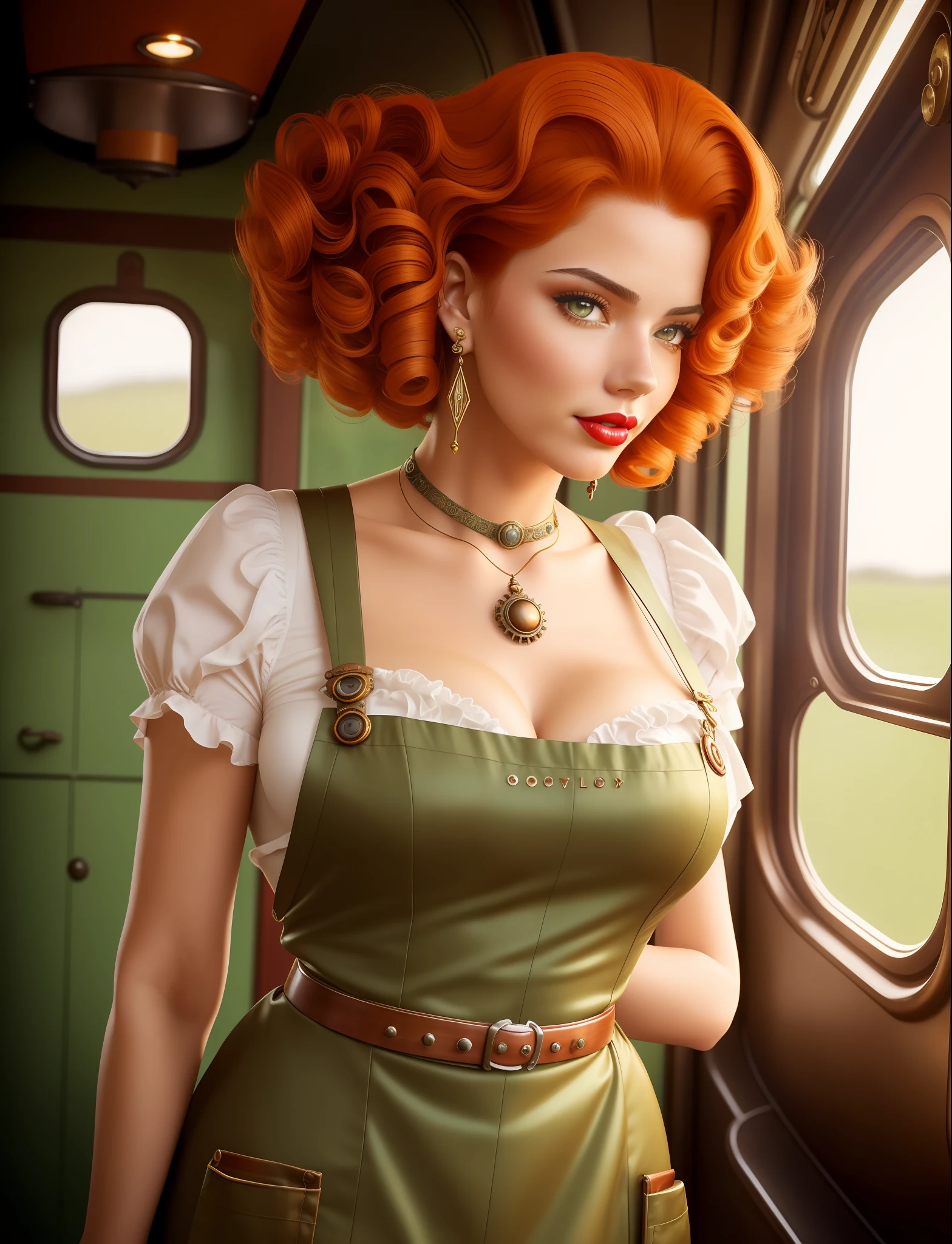 Deliberate photo of mature woman standing, (freckles:0.7), solo, jewelry, earrings, green eyes, looking at viewer, makeup, curly hair, lipstick, red hair, red lips, (steam punk style:1.2), retro style, fantasy, realistic, closeup, ([Adriana Lima | Magan Fox ]:1.1) wearing apron, inside train, retro soviet wave, realistic, pinup art, pinup girl, muted colors, sepia, orange hair, short hair, mole, parted lips, curious, shiny skin,