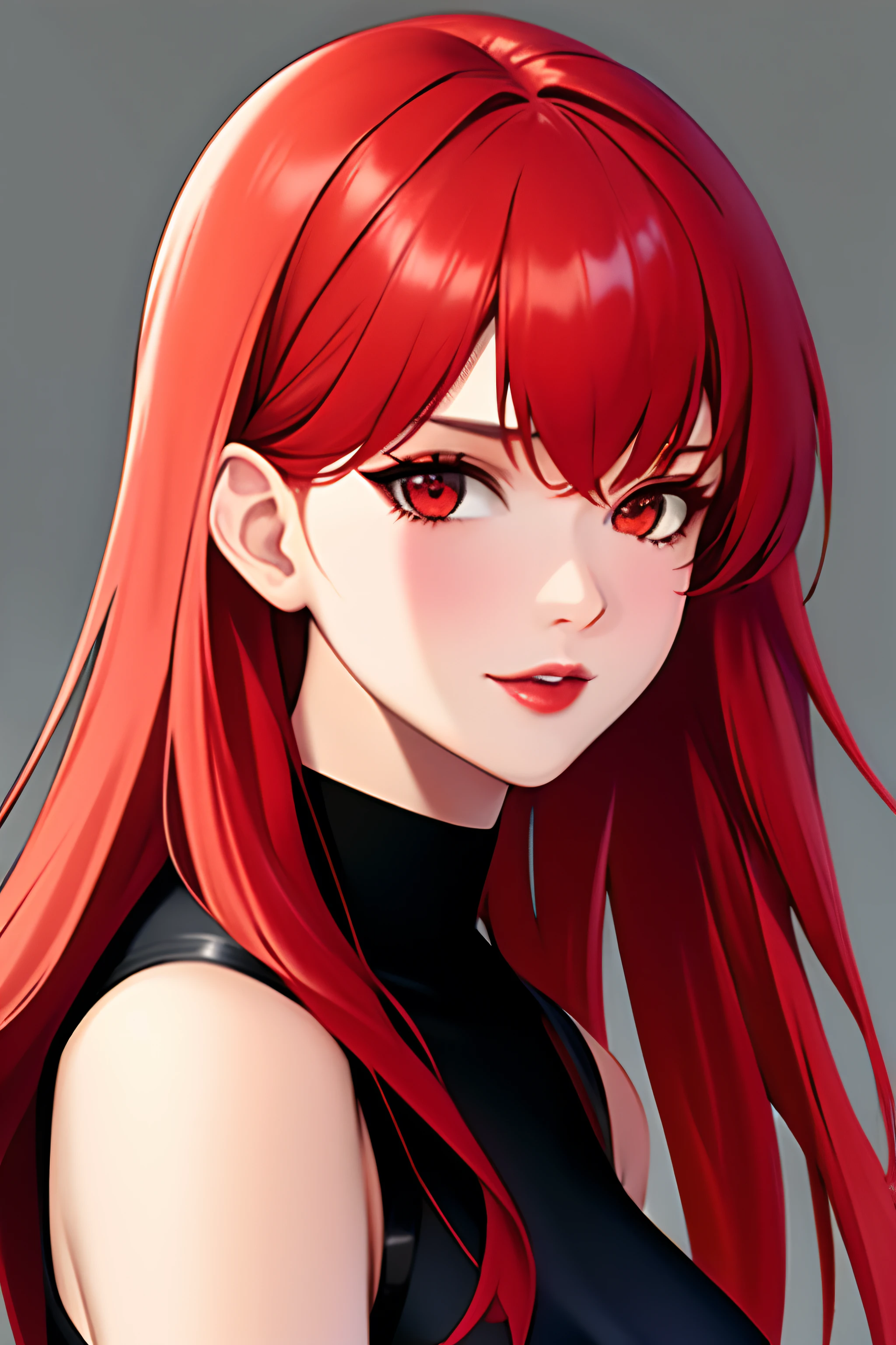 1girl, solo,red theme,looking at viewer,large breasts,portrait,from side,bad-girl,((mature female))