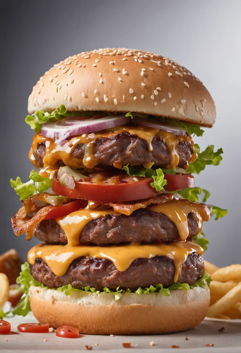 A burger falling in pieces juicy, tasty, hot, promotional photo, intricate details, hdr, cinematic, adobe lightroom, highly detailed