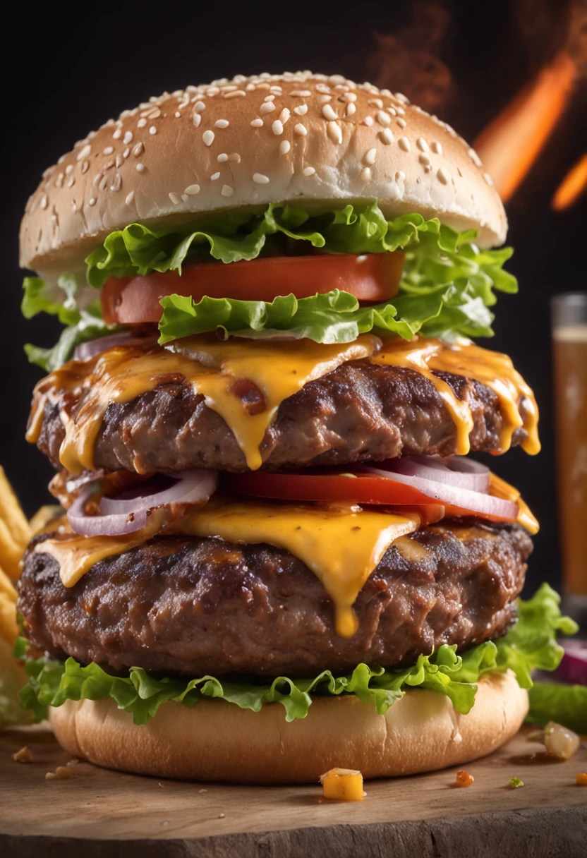 A burger falling in pieces juicy, tasty, hot, promotional photo, intricate details, hdr, cinematic, adobe lightroom, highly detailed