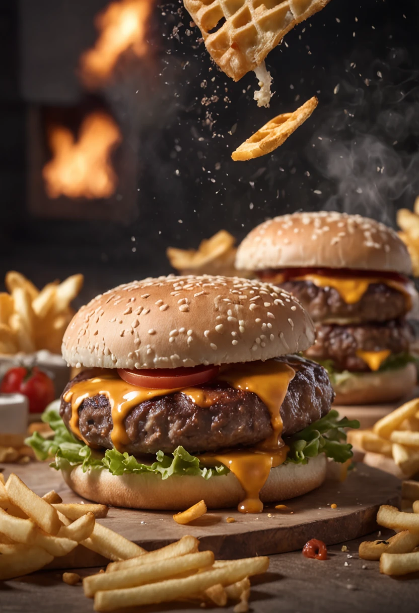 A burger falling in pieces juicy, tasty, hot, promotional photo, intricate details, hdr, cinematic, adobe lightroom, highly detailed