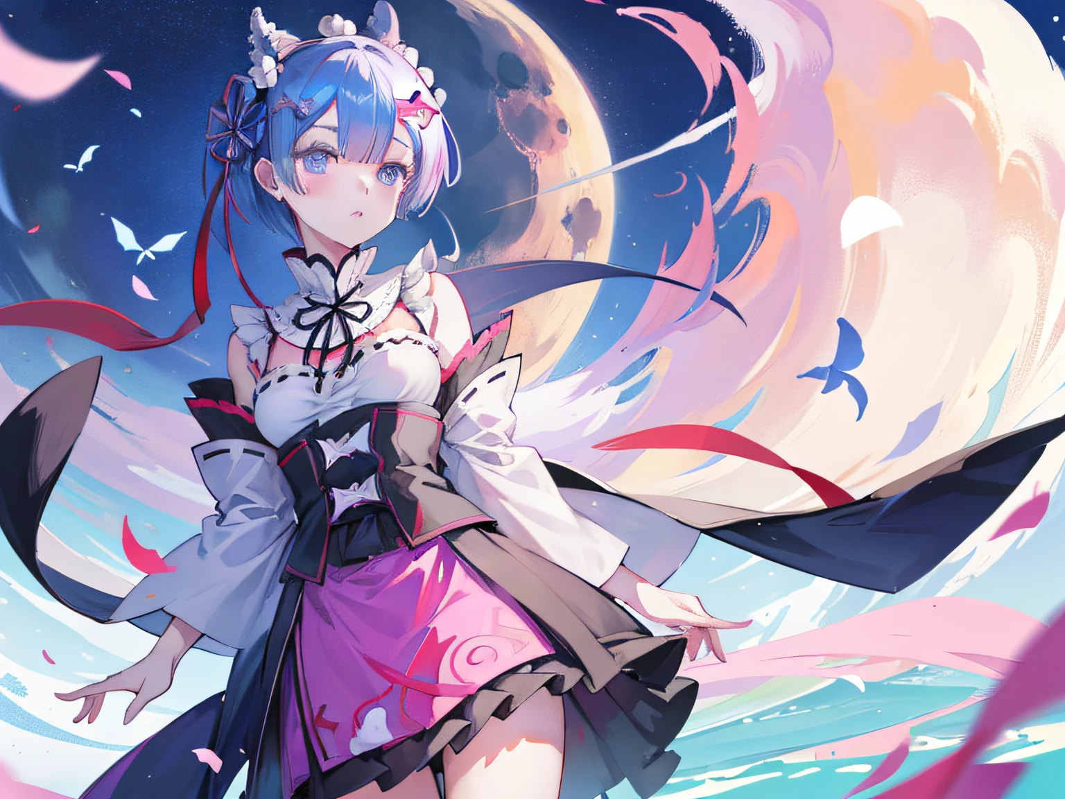 Kimetsu_no_Yaiba style, rem(Re:Zero), masterpiece、top-quality、1girl, moon,