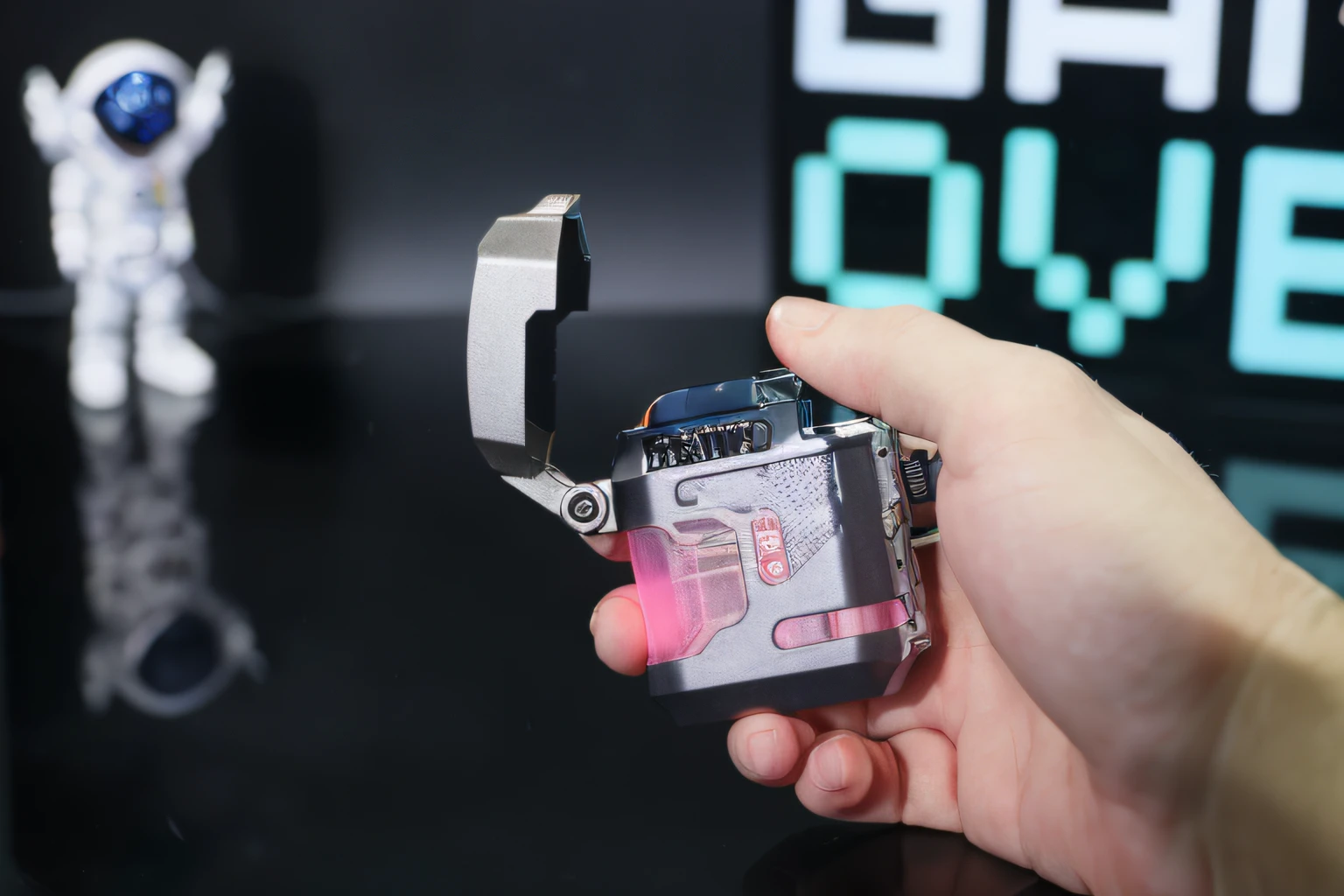 Someone had a lighter in his hand,The background is astronauts, holding a small vape, micro pov, glass oled mecha visor, with glow on some of its parts, small gadget, Cyberpunk accessories, bolt pistol in one hand, detailed wide shot, one arm of the robot body, hyperlight drifter, pov camera looking into the maw