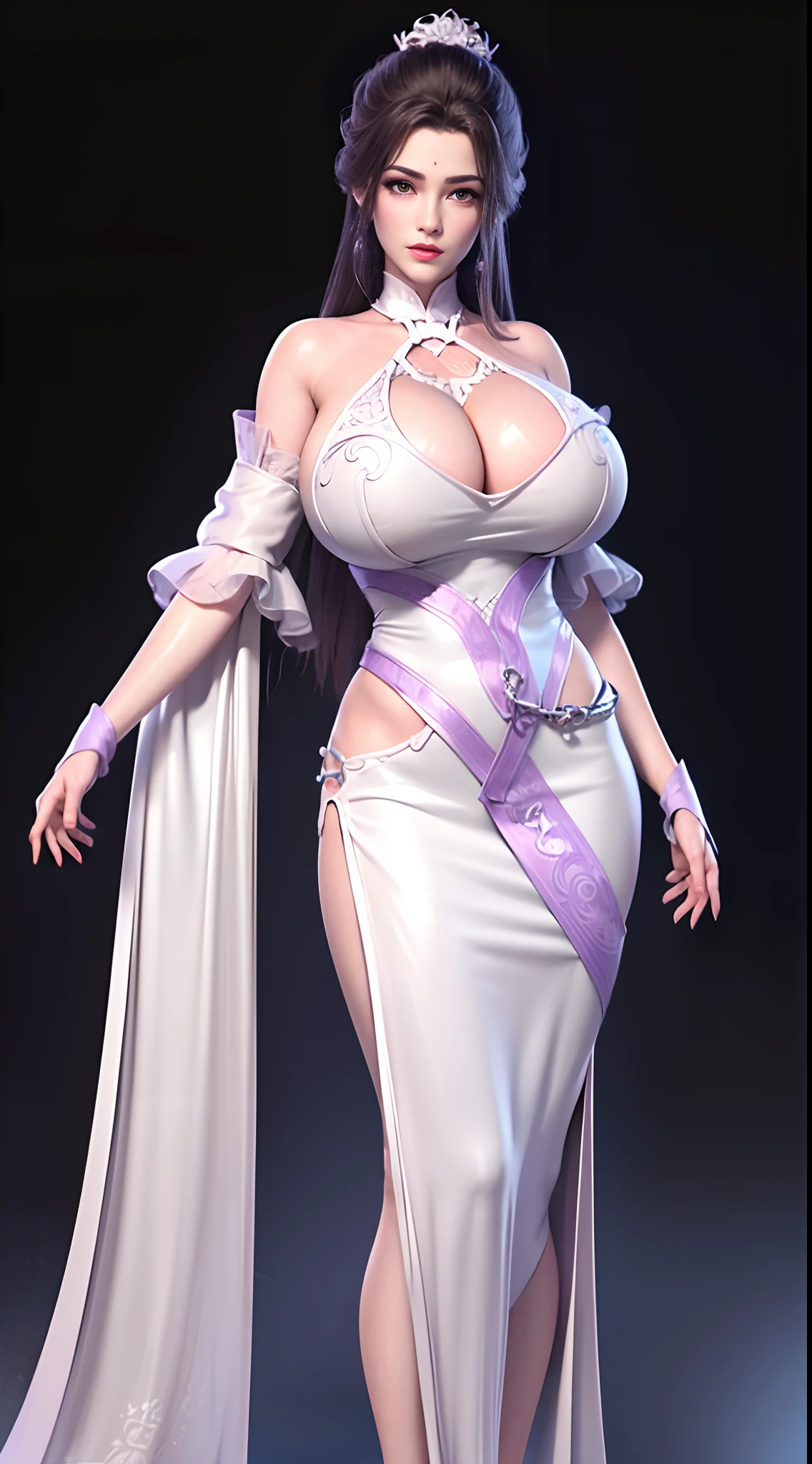 Solo, 1 Beautiful Female, Wuxia World, (1 Girl), (Full figure:1.2), (standing:1.1), (Xiuxian World), (big breasts, round breasts:1.4), (big buttock:1.1), (shiny skin:1.1), Chinese Immortal Wuxia, (Purple Cross-collared Top, Ancient Long Skirt, Embroidered Cape, Streamer), Brunette Hair, Chinese Coiled Bun, Hairpin, Light Pink Lips, Calm, Intellectual, Delicate Face, Masterpiece, Best Quality, High Quality, High Definition, High Quality Texture, High Quality Shadows, High Detail, Cinematic Light, Side Lighting, Ray Tracing, Sharp Focus, Realistic, Edge Light, Two-tone Light, (Detailed Skin Details: 1.2), 8k uhd, SLR, soft light, high quality, high resolution, (very detailed CG unity 8k wallpaper)