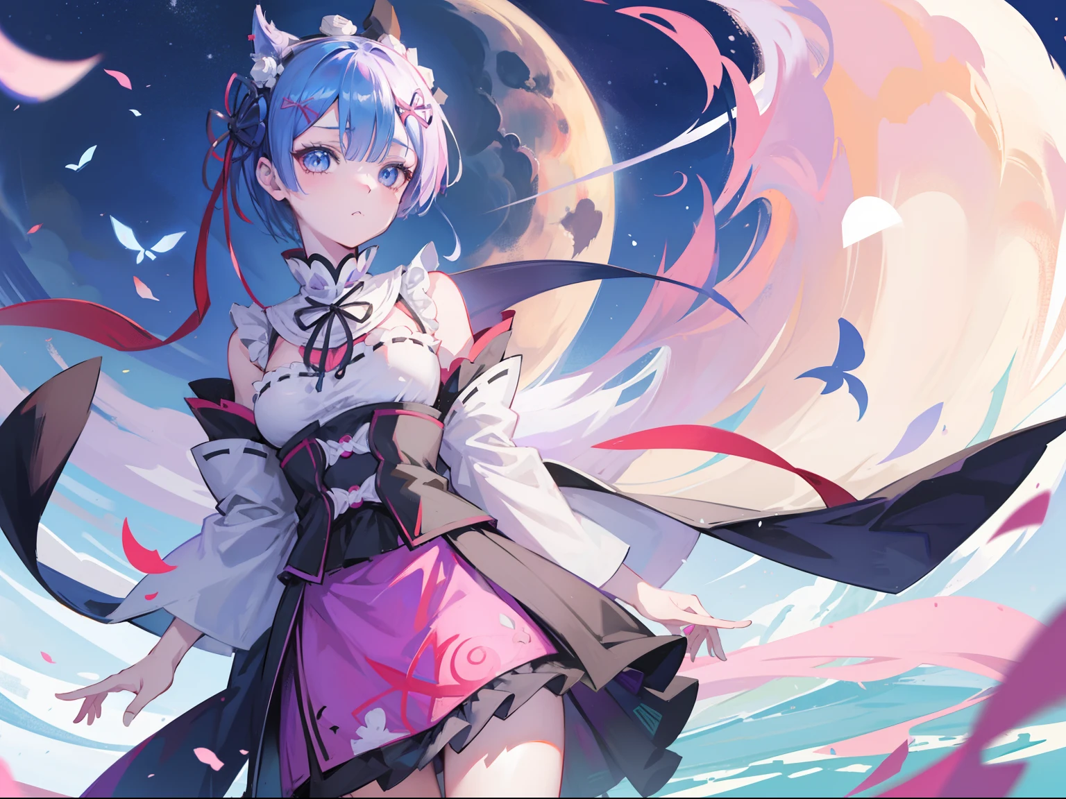 Kimetsu_no_Yaiba style, rem(Re:Zero), ​masterpiece、top-quality、1girl, moon,