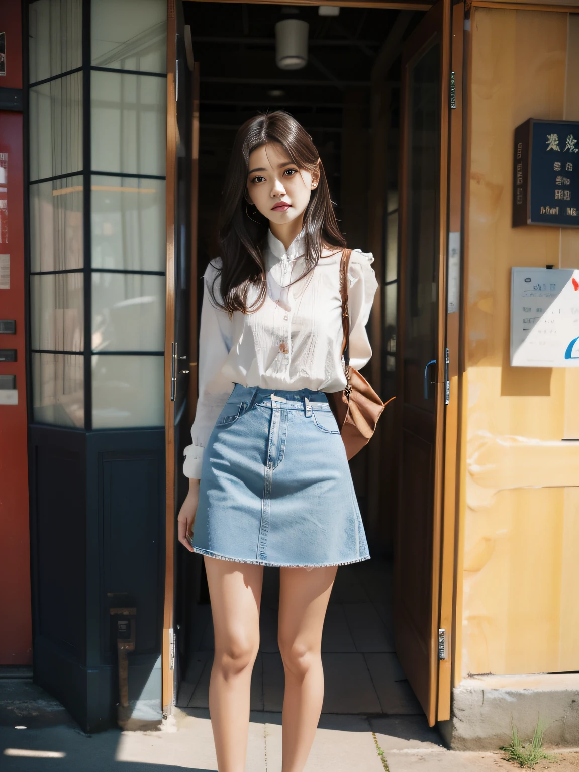 1girl,Curta,独奏,Fashion college student,Denim skirt shoot,best qualtiy,tmasterpiece,超高分辨率,(真实感:1.4)