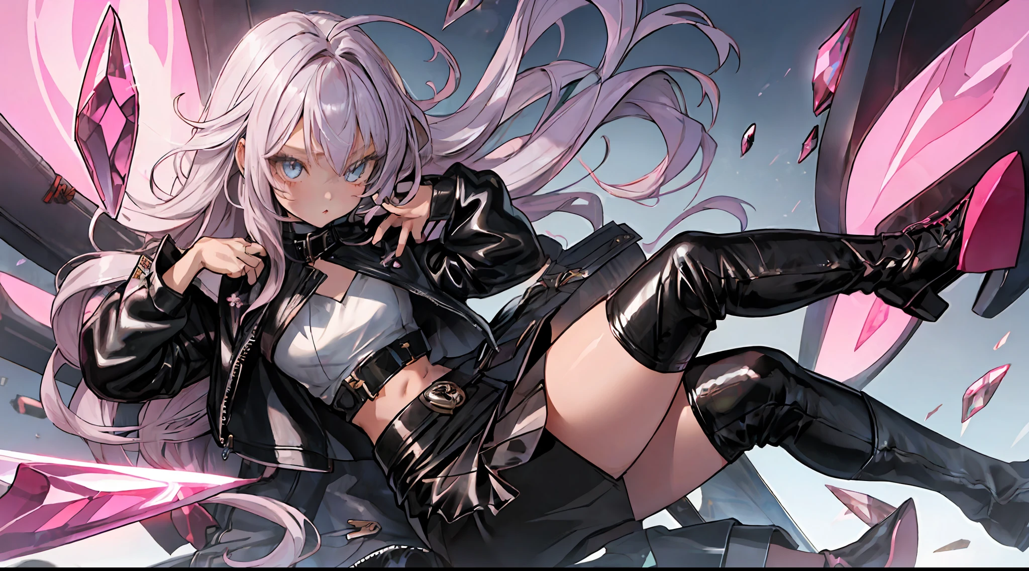 1 female、、Semi-long、Gradient hair color、Loose Wave、leather jackets、Leather skirt、short leather boots、Eyes Like Gems、Anime Art Style、barechested、Fine clothing decoration