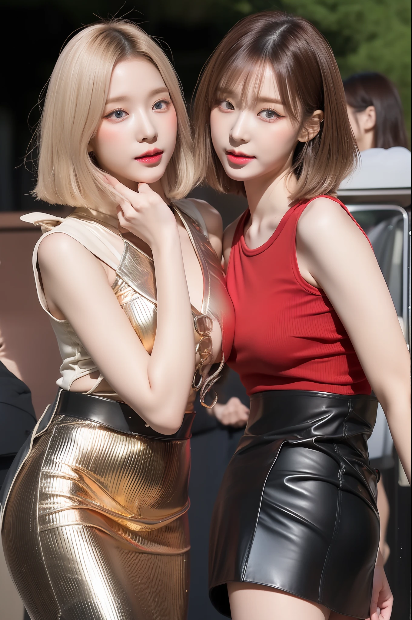 2girls、sprawl、the kiss、embracing each other、Entwining legs、Hot kiss、Top image quality、Raw photography、超A high resolution、16-year-old woman、big round chest、Thin and tight metallic gloss tube top、Thin and tight metallic red skirt、Metallic Gloss Knee High Socks、Leather boots、Beautiful Eyes of Details、very elongated eyes、Beautiful eyelashes、Beautiful double eyelids、Bright blonde shorthair、very slender physique、long boots、Glossy red lipstick、eyeshadows、eye line、Sad face、red blush、The whole body is soaking wet、Turn your butt towards us、Sateen、
