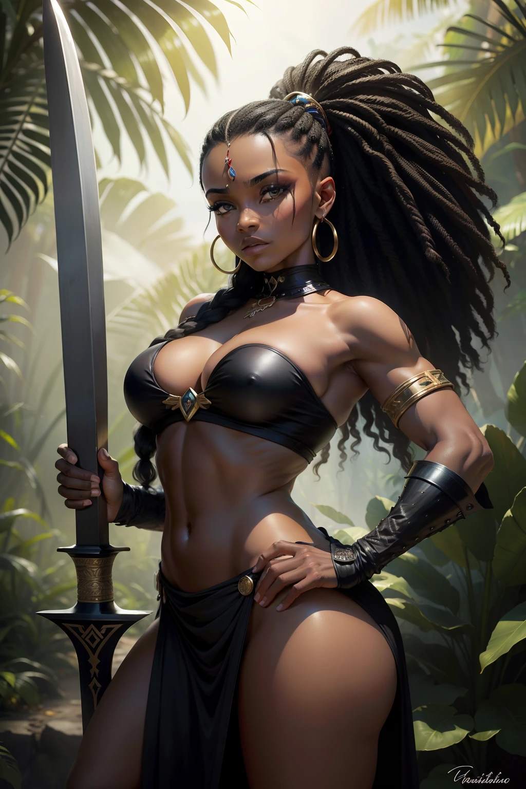 Arte detalhista estilo Frank Frazetta,1homem,barbaro,cabelos longos negros,olhos sombrios,manly,pele branca,usando vestimenta celta,standing with a long sword in her hands and at her side an African princess,meulher,cabelos encaracolados,brancos,olhos negros,tom de pele negro,voluptuosa,sensual usando trajes tribais,The two are in a jungle full of dangers.