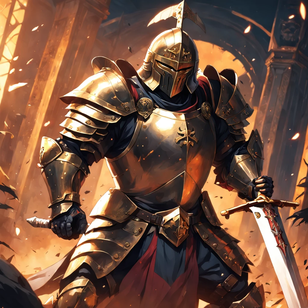 Um homem com uma armadura dourada robusta e pesada com detalhes em dourados, holding a large sword in combat position, with a black Templar helmet with gold details.