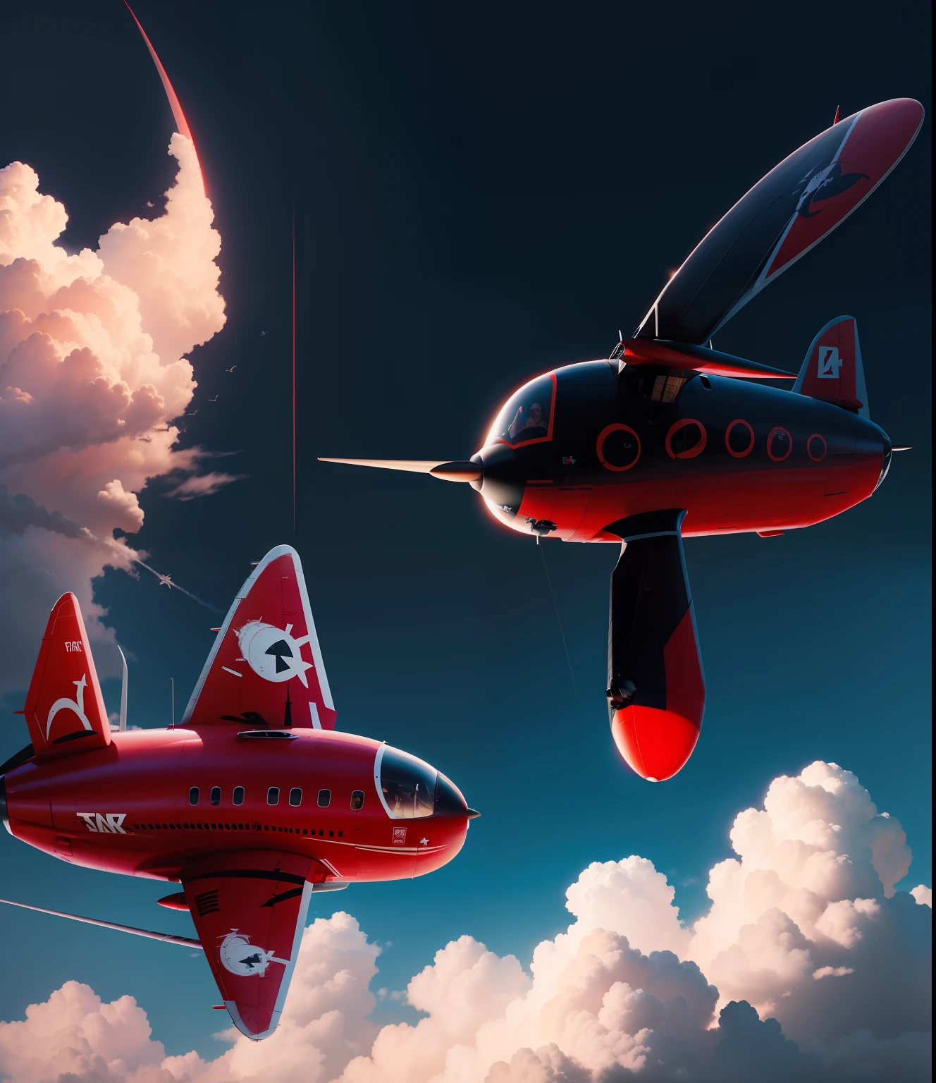 Black airplane, red airplane, blue sky.