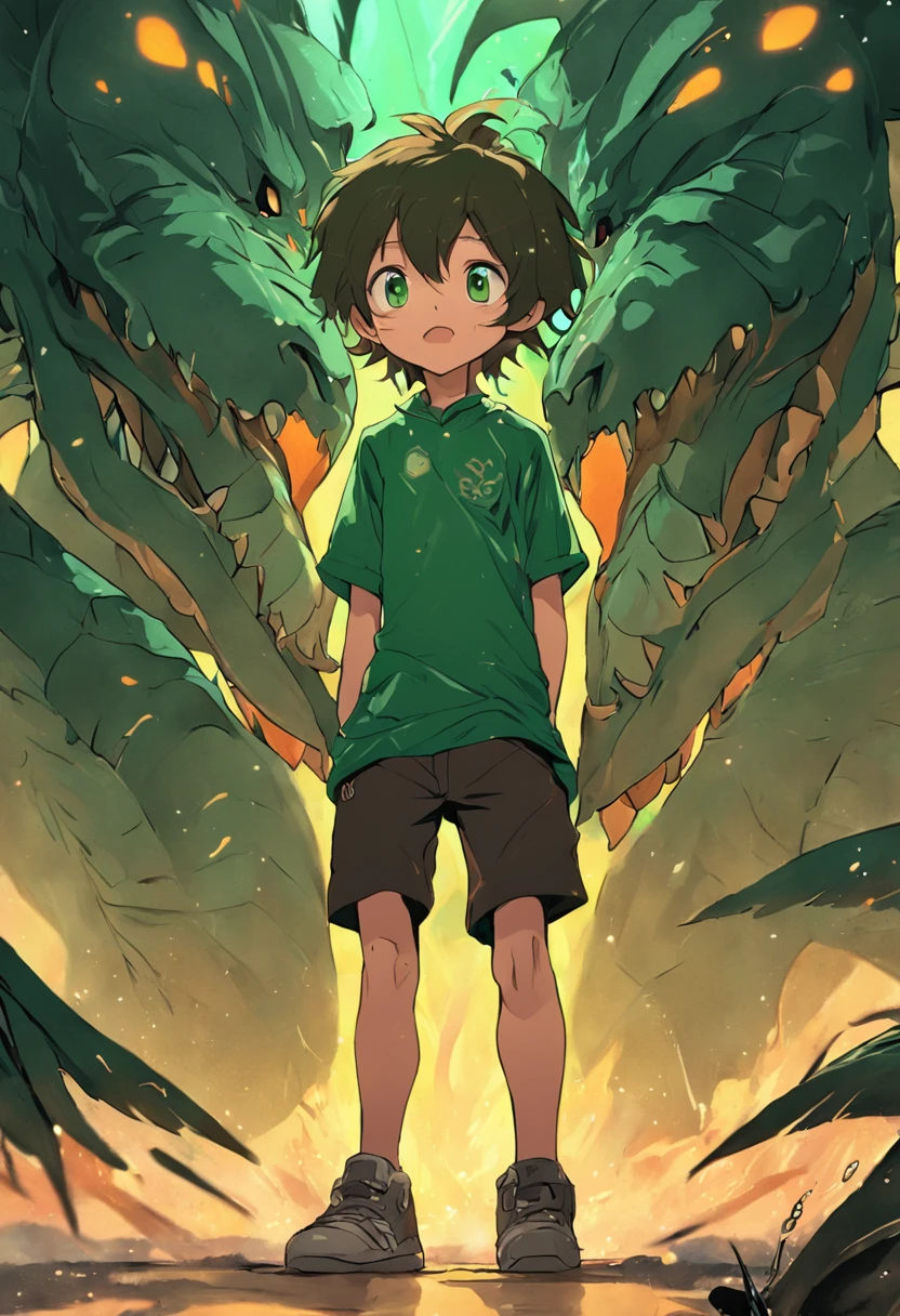 um de seis anos, volumosos cabelos castanhos escuros, olhos castanhos e bochechas grandes, camiseta de dinossauro e shorts verde escuro