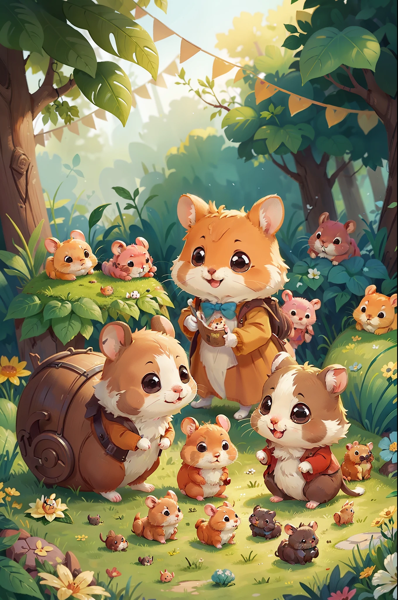The happy hour of the little rabbits and little hamsters attracts other small animals in the garden。They also joined the family，Sharing friendship and happiness together。