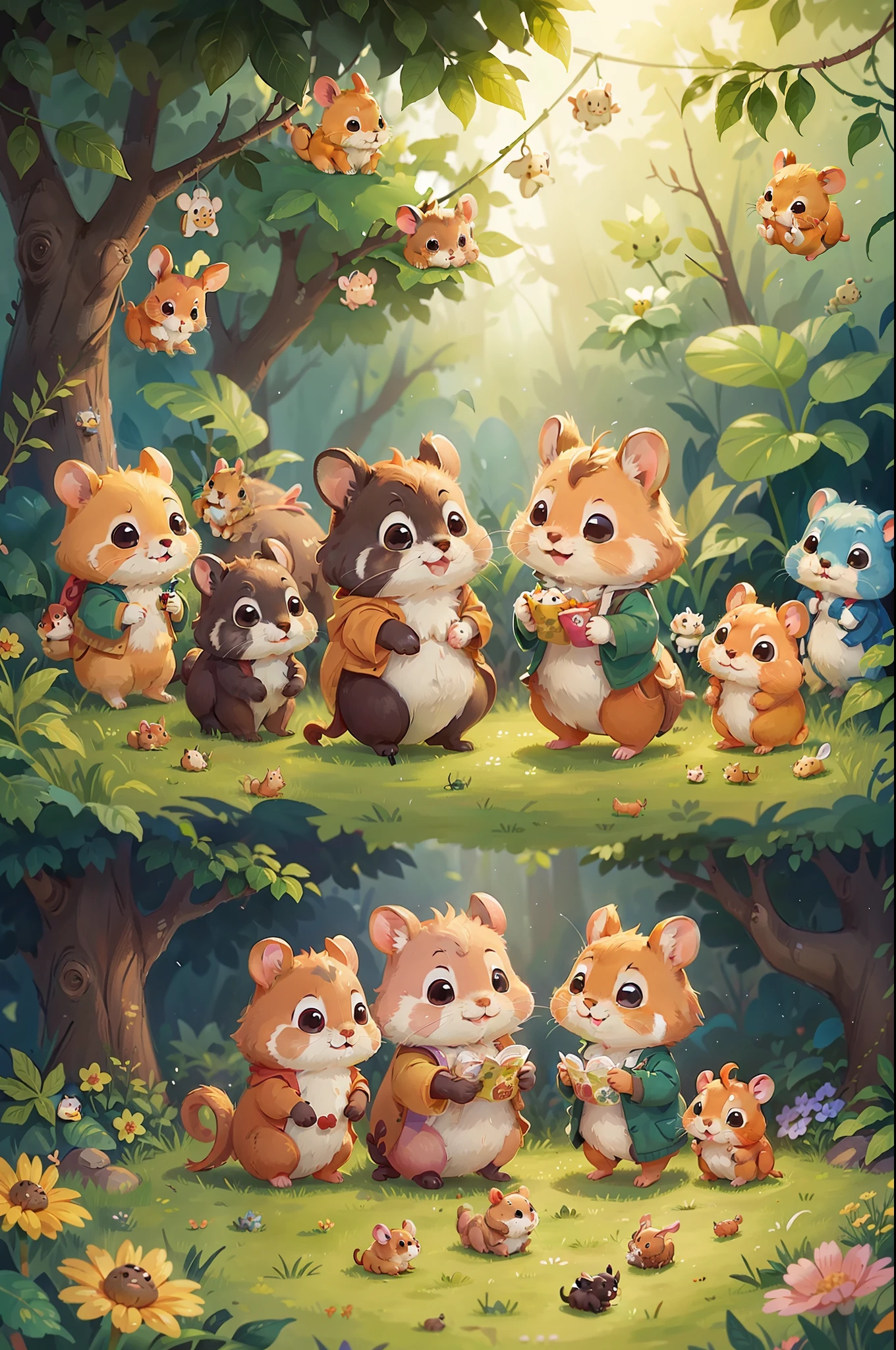 The happy hour of the little rabbits and little hamsters attracts other small animals in the garden。They also joined the family，Sharing friendship and happiness together。