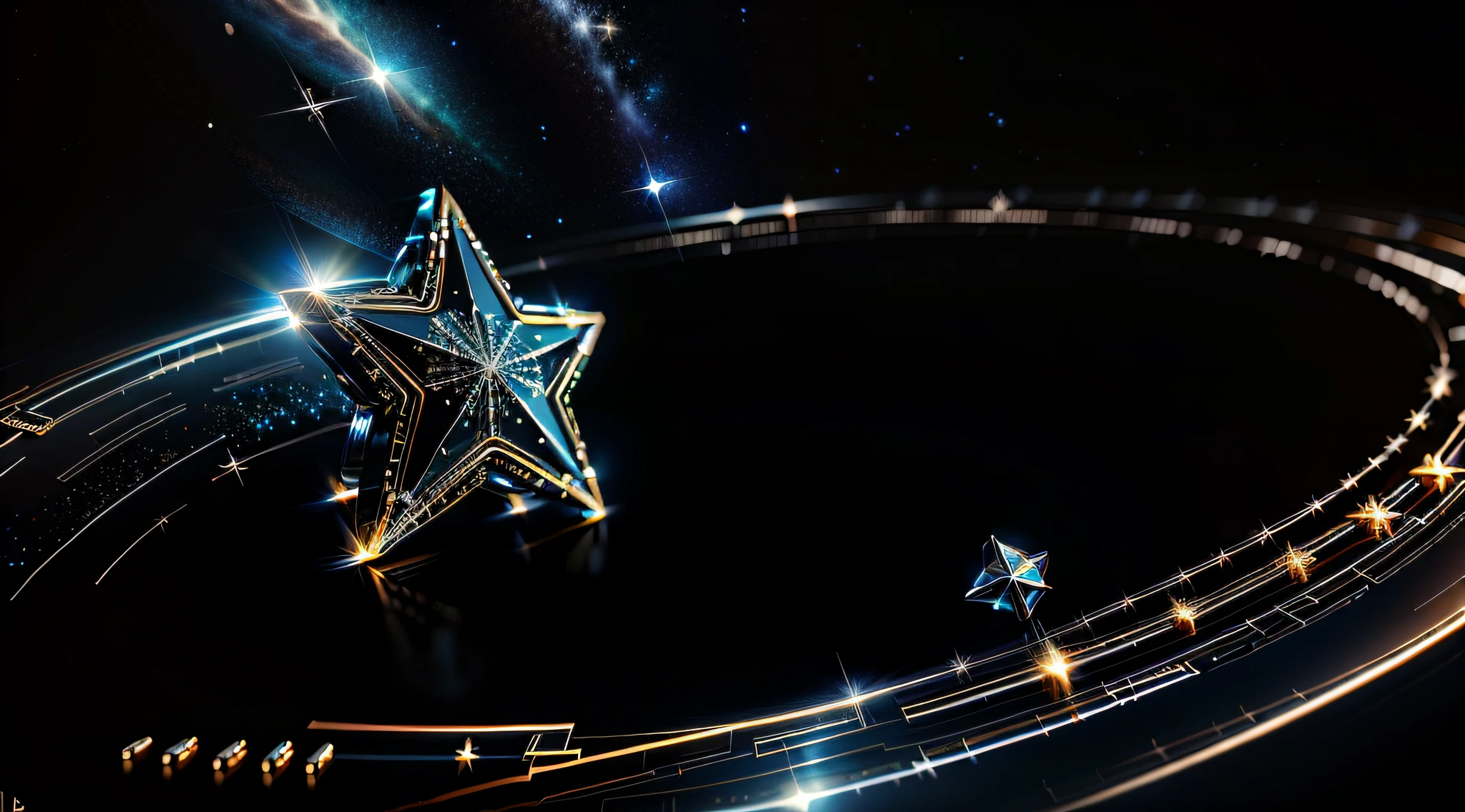 Close up of stars on black background，With gold ring, award winning cgi, Clean background, shooting star in background, falling star on the background, stars, Star background, basic background, rendered in keyshot, luxury hd render, stars in background, Black background with stars, rich evans, promotional render, Award-Awarded. 4 k''
