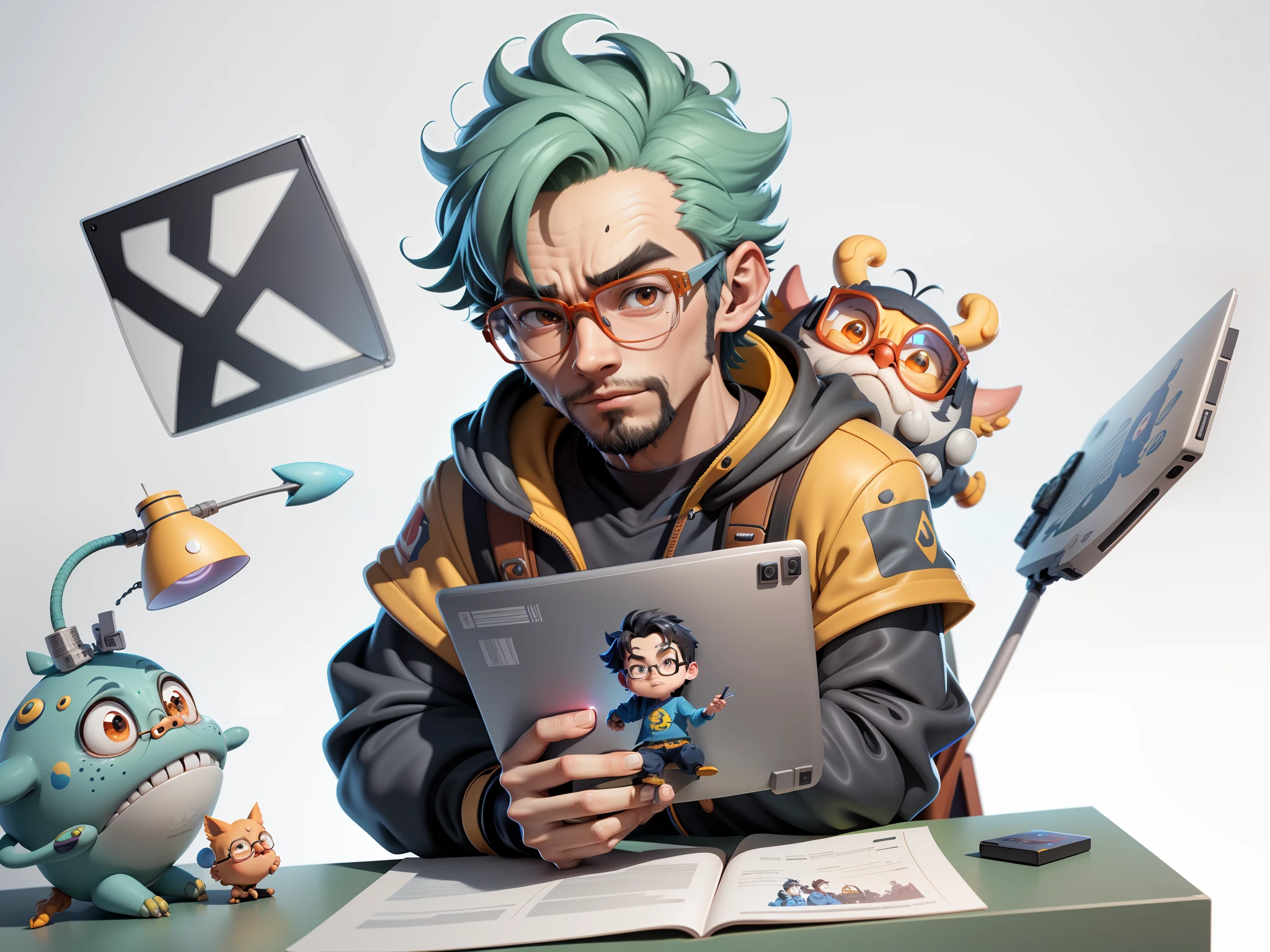 A young man with glasses sits at his desk,holding laptop,digitial painting,3D character design by Mark Clairen and Pixar and Hayao Miyazaki and Akira Toriyama,4K HD illustration,Very detailed facial features and cartoon-style visuals。