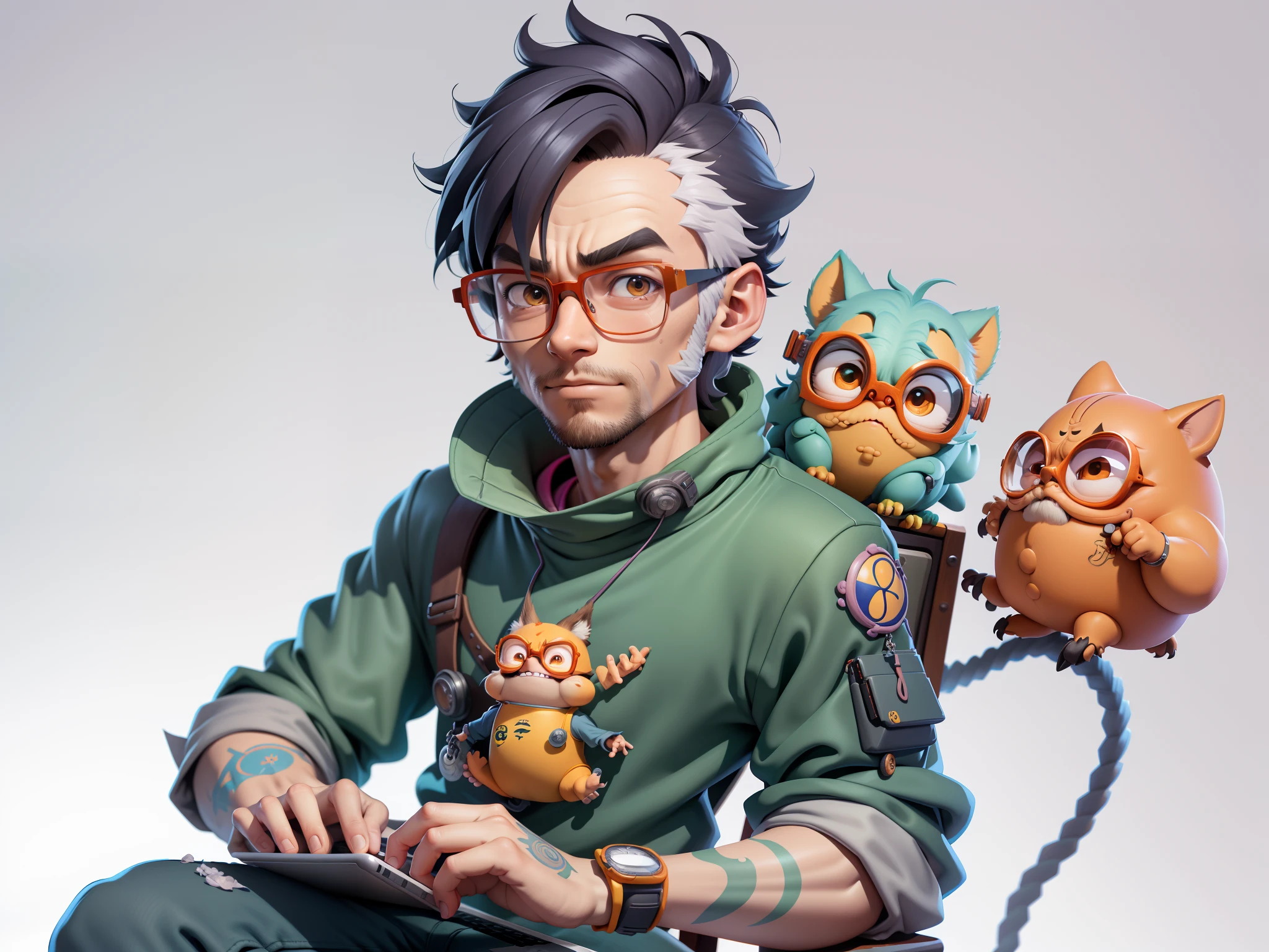 A young man with glasses sits at his desk,holding laptop,digitial painting,3D character design by Mark Clairen and Pixar and Hayao Miyazaki and Akira Toriyama,4K HD illustration,Very detailed facial features and cartoon-style visuals。