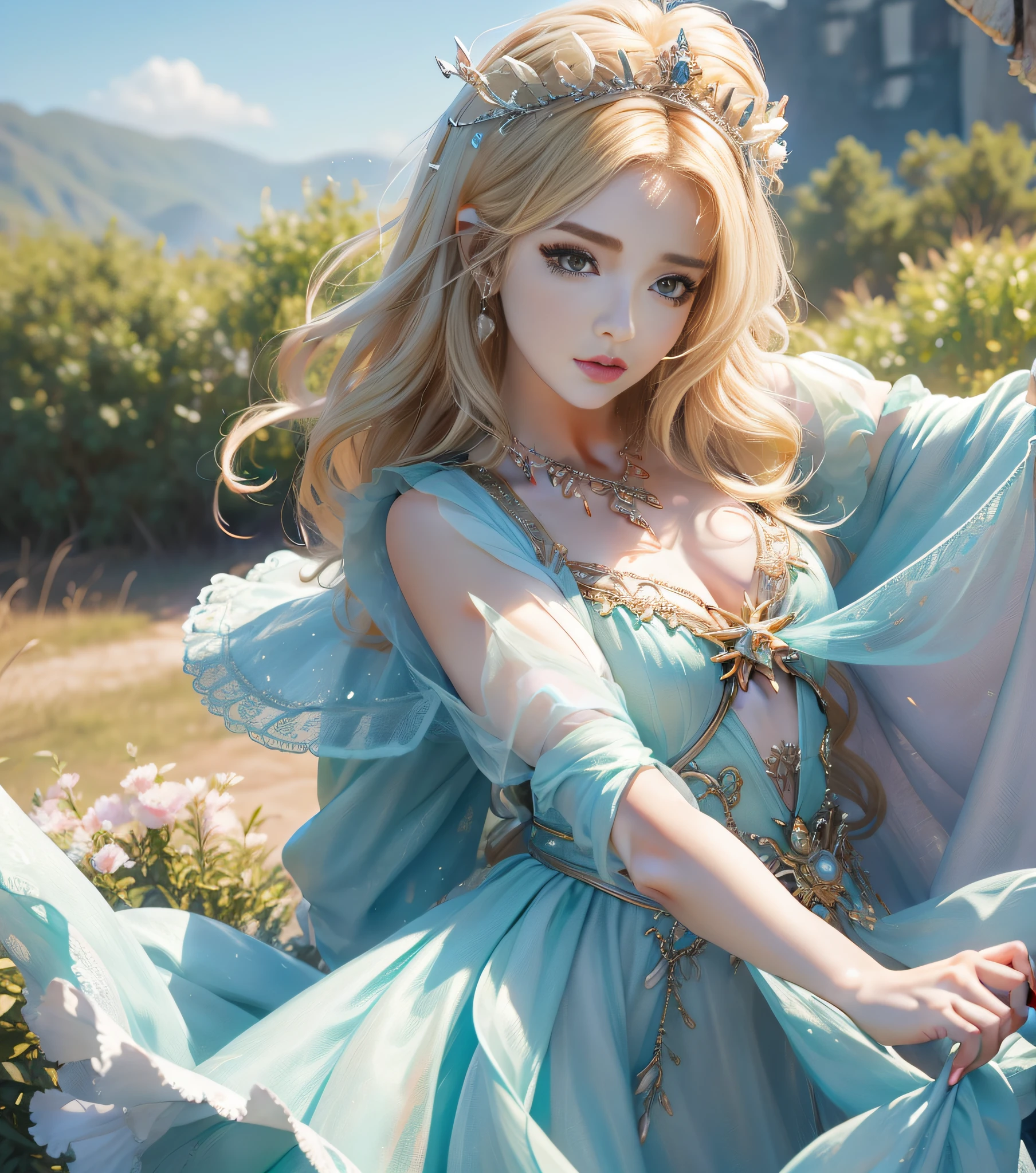 8 K high definition,a picture, HD, , a picture, femele, Beautiful dress glamorous, Style portrait of gorgeous blonde woman in the style of Stefan Costik, realisitic, Half body shot, foco nítido,Delicate skin type, Convoluted, elegent, Art by Stanley Lau and Artgerm, Extreme blur flame background, Princess girl with wings, green grass, pastels, kirakira, Dramatic, dream-like, pastels、capricious、sensitive、Shell crown、Trending on ArtStation、ighly detailed、with an intricate、portraitures、Digital Painting、Fantasy Themes、Fantasy robes、fantasy concept art、fantasy character art、Unique、Woman in her 20s、the perfect body、full bodyesbian、dream-like、pastels、capricious、sensitive、Masterpiece of the shell crown、Perfect litthing、、Adults、femele、cowboy shot、looking at the viewers、电影灯光、Zideer