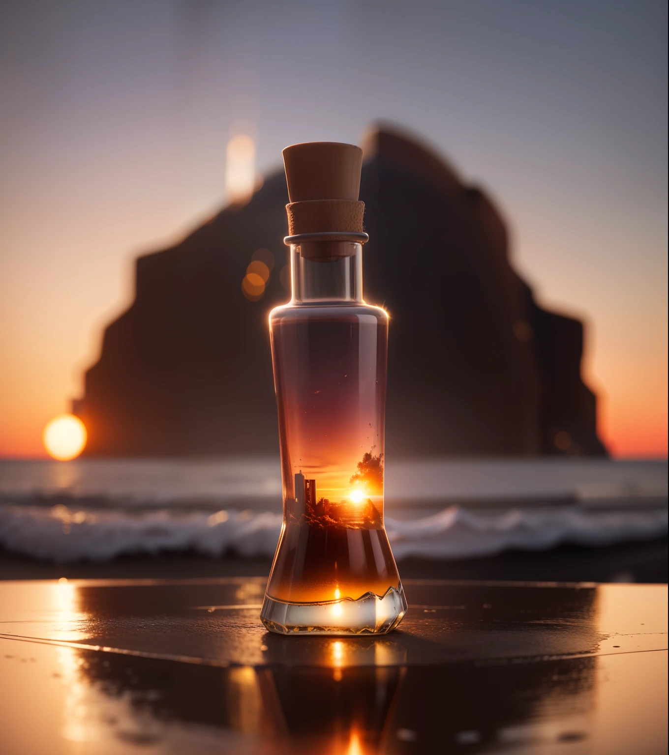 Change this bottle background to a dual sunset professional product photography