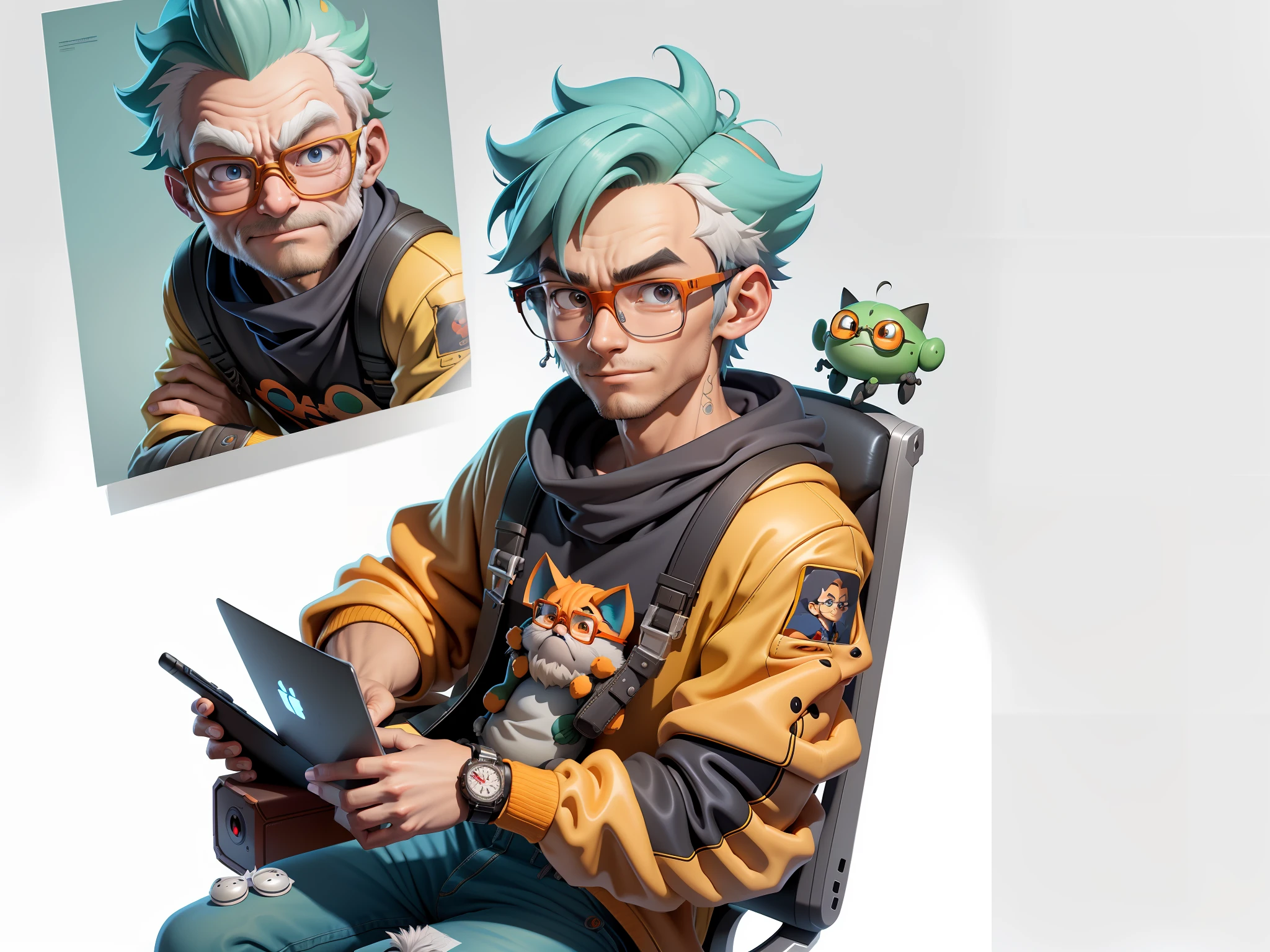 A young man with glasses sits at his desk,holding laptop,digitial painting,3D character design by Mark Clairen and Pixar and Hayao Miyazaki and Akira Toriyama,4K HD illustration,Very detailed facial features and cartoon-style visuals。