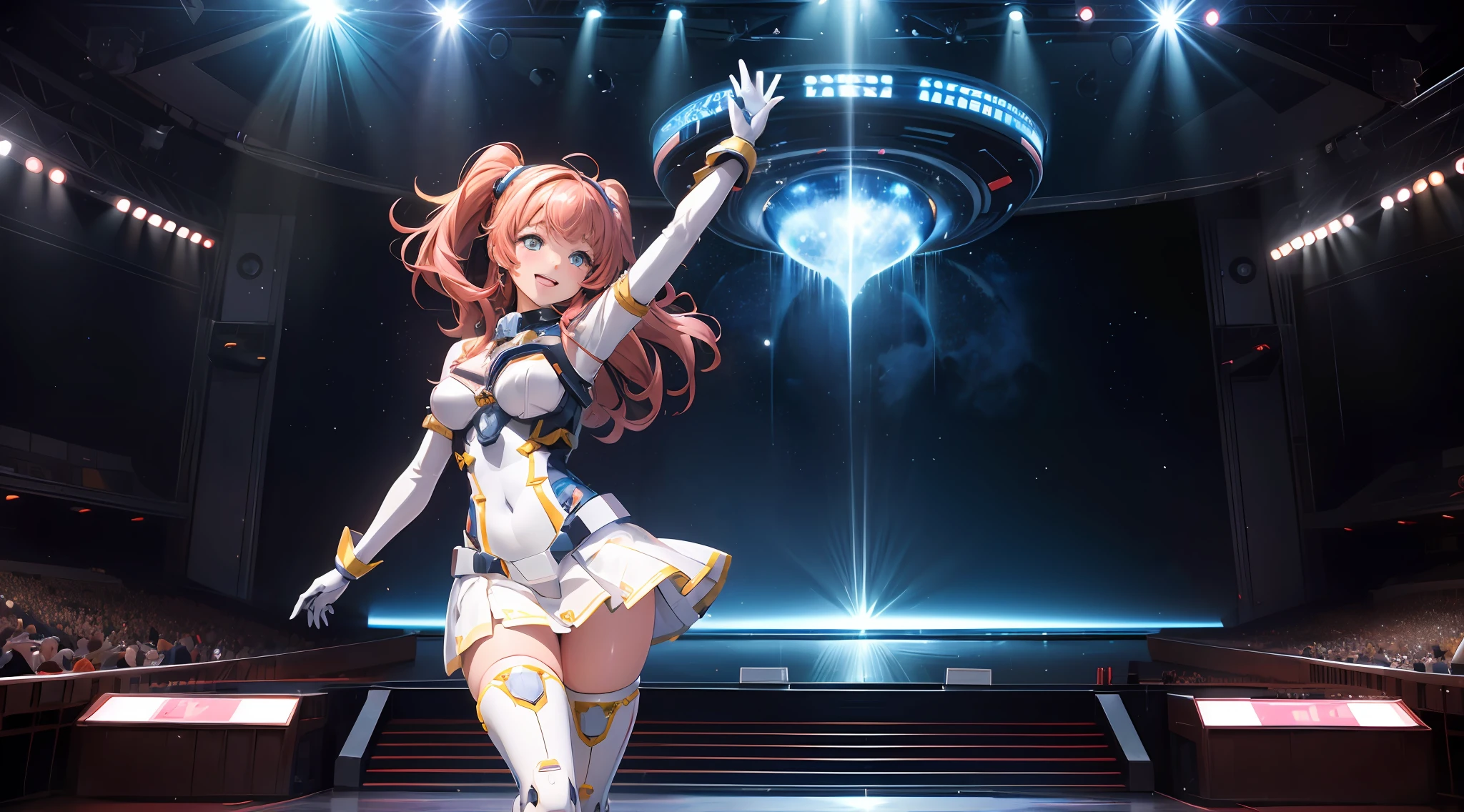Anime-style illustration、Live scene of school idols、(((Cute beautiful girl is posing vividly on futuristic stage)))、ＳＦAn idol costume that fits the body like a spacesuit that appears in anime。a miniskirt、Colorless transparent panties、A mechanical future stage floating in outer space、Archaic Smile
