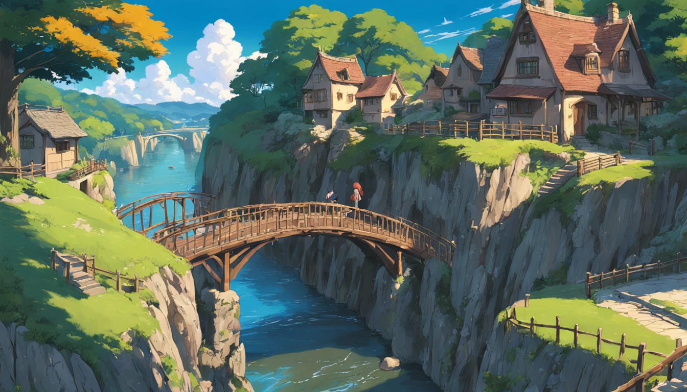 village, bridge and stream, studio Ghibli scenery, perfect, best quality, best art, short brunette (high detail: 1.4) 8K