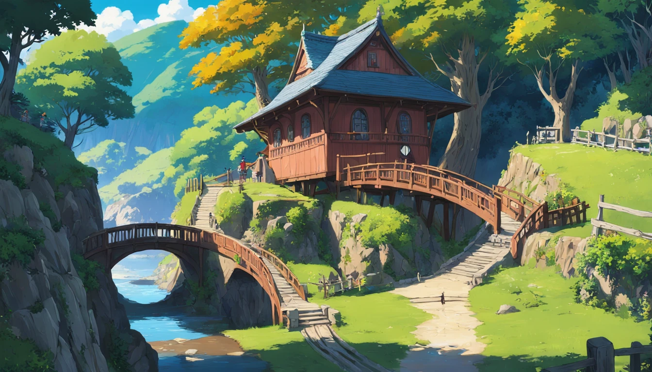 village, bridge and stream, studio Ghibli scenery, perfect, best quality, best art, short brunette (high detail: 1.4) 8K