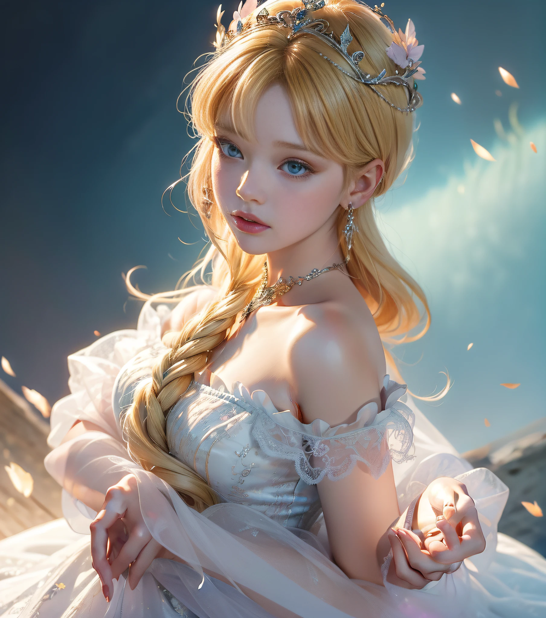 Close-up, blonde-haired woman with blue eyes, a small pink and light blue beaded necklace, and a blue strapless dress