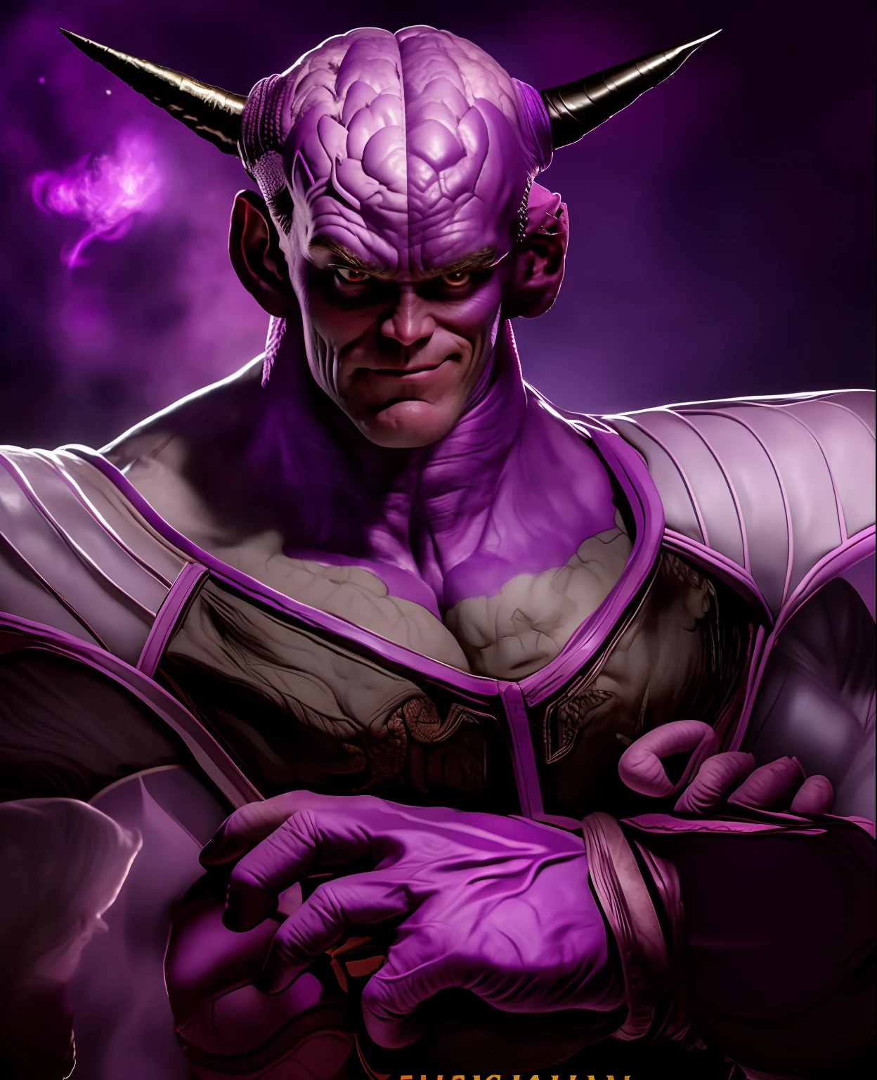 jim carrey as a purple bald alien with purple skin and large black horns, large bald veiny brain, sayan armor, hyper realistic, 8k, award winning digital art, cinematic lighting, photorealistic, highly detailed, intricate, striking, dramatic, masterpiece