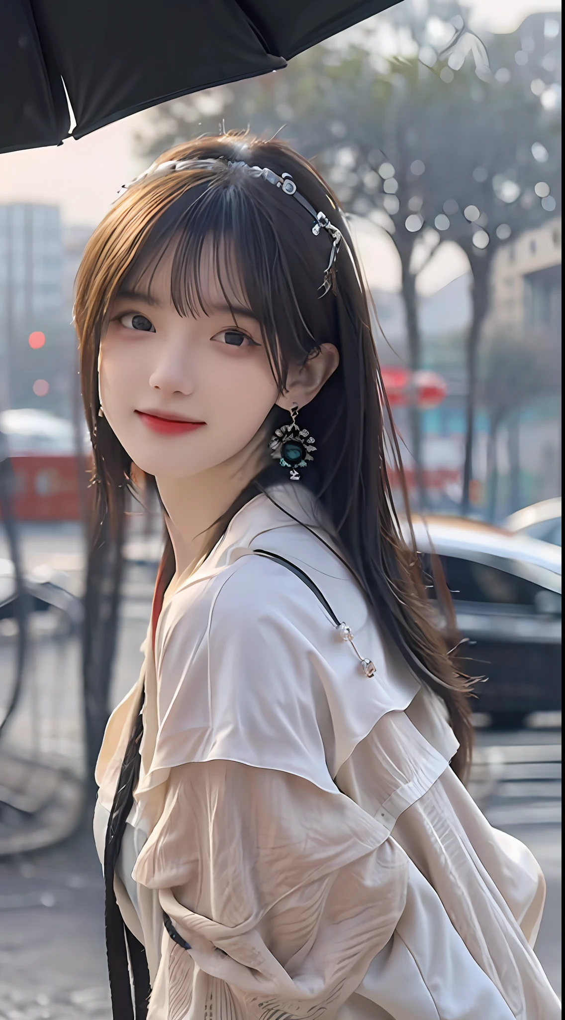 ((Best Quality, 8k, Masterpiece: 1.3)), Clear Focus: 1.2, Perfect Body Beauty: 1.4, Buttocks: 1.2, ((Layered Haircut, ), (Rain, Street:1.3), Highly Detailed Face and Skin Texture, Fine Eyes, Double Eyelids, Whitened Skin, Long Hair, Smile, Laugh, Chinese Clothing, Jade, Necklace, Bracelet, Earrings