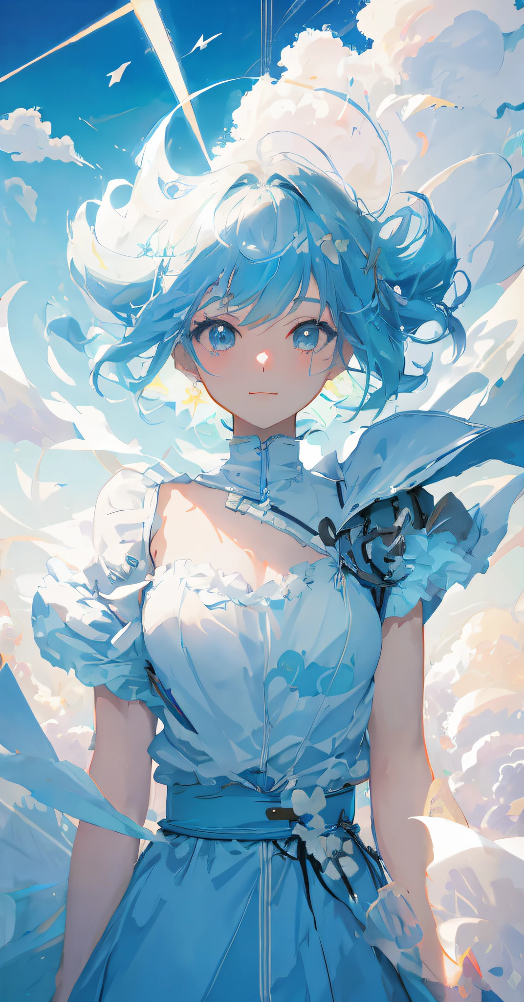 anime girl with blue hair and blue dress in the sky, a smile,Detailed Digital Anime Art, anime style 4 k, Anime art wallpaper 8k, Trending on ArtStation pixiv, anime art wallpaper 4k, anime art wallpaper 4k, guweiz on pixiv artstation, digital art on pixiv, beautiful fantasy anime, guweiz on artstation pixiv
