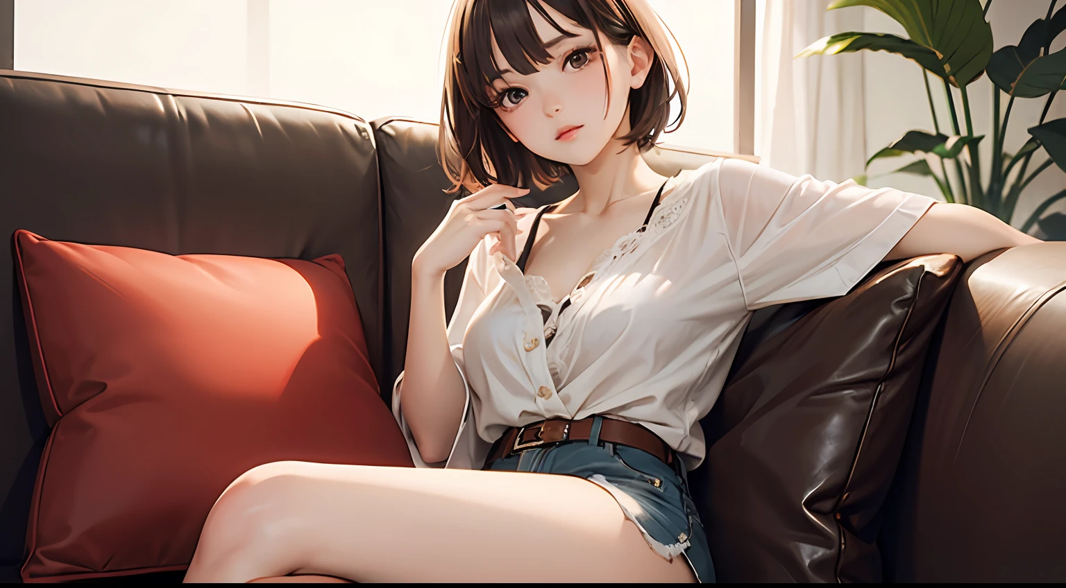 A sexy woman,Ultra-thin transparent breast patch,no suspenders,No underwear,Bare lower body,Legs are fully open,Sitting on the sofa without panties,Completely naked body,Focus on the base of the thigh,Sexy and feminine pose,BestWorks,二重まぶた,Round Chin