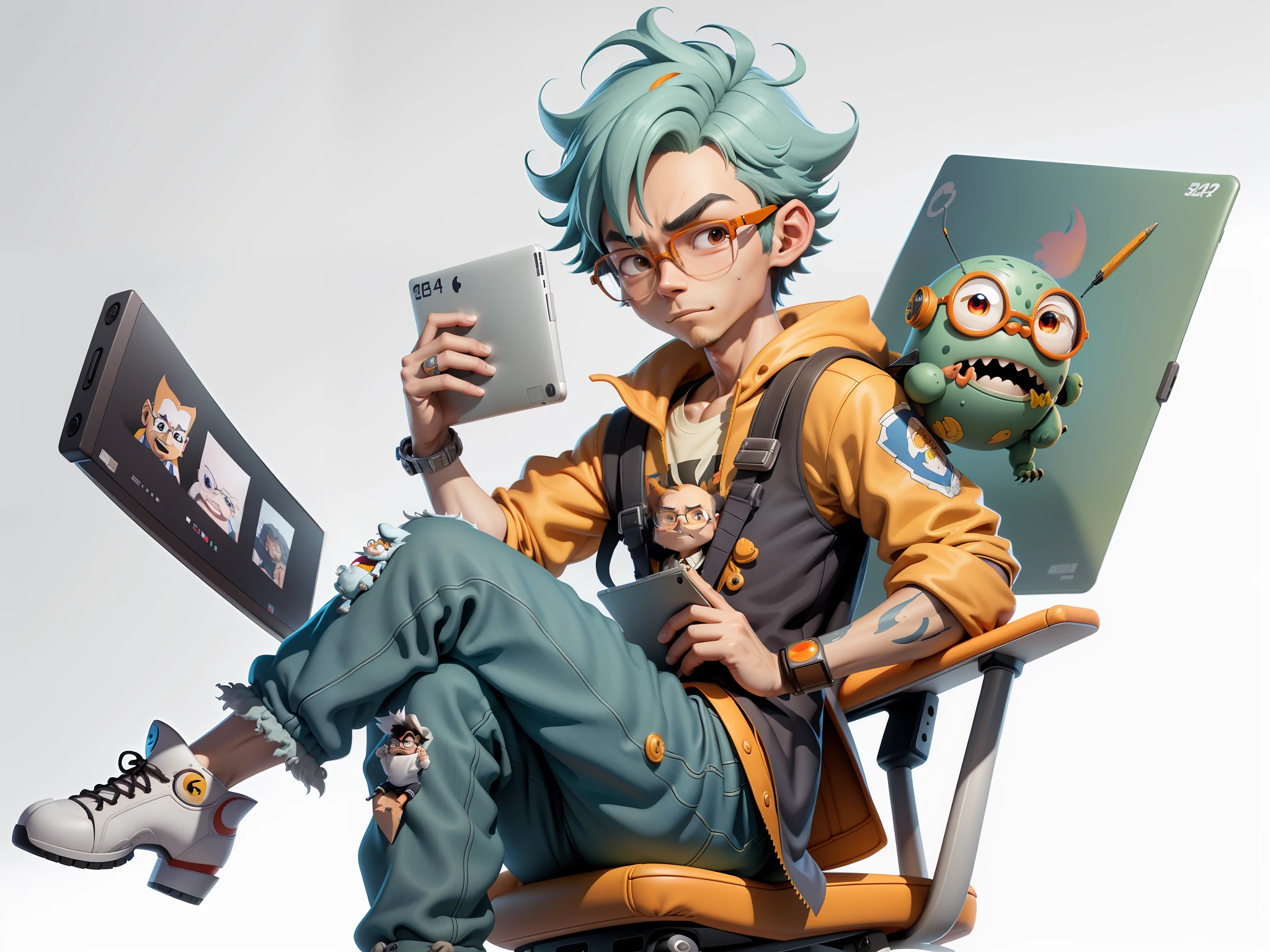 A young man with glasses sits at his desk,holding laptop,digitial painting,3D character design by Mark Clairen and Pixar and Hayao Miyazaki and Akira Toriyama,4K HD illustration,Very detailed facial features and cartoon-style visuals。