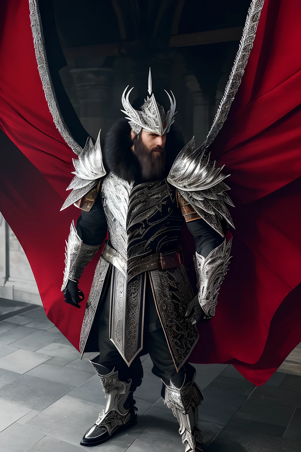 extremely detailed 8k wallpaper), intricate, highly detailed, dramatic, The Dragon Lord wears highly detailed black steel shoulder pads that look like dragon heads and are adorned with shimmering silver trimmings and ornaments, an overlying gray cloak with an extremely beautifully detailed large hood that goes deep drawn into the young bearded face, extremely detailed gray feathered wings with translucent velvety red membranes, insanely realistic graphics, insanely detailed details, ultra realistic and highly detailed heavy black steel armor with lustrous silver glitter detailing on a silver gray tunic, extremely detailed heavy black armor Steel gloves, steel boots with reinforced shiny silver decorations, in a vaulted hall during the leisurely stroll through the somber cathedral on a red velvet carpet, (shown perspective from above) during the passage of a sombre, multi-windowed vaulted passageway through the gleaming light falls,