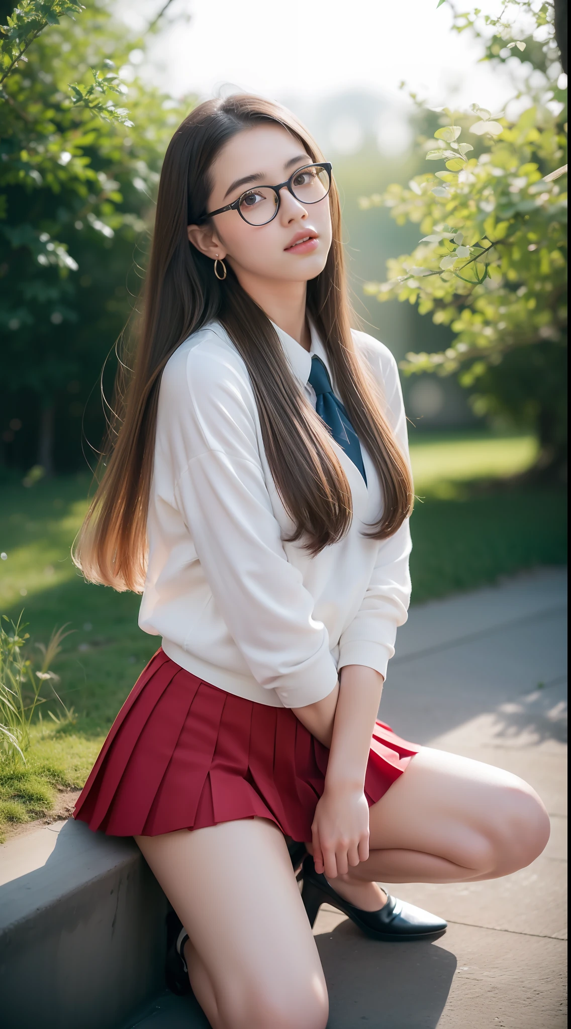 Beautiful young Margaret Qualley, 14 years old, white skin tone, eyeglasses, large drop earrings, female school uniform, pleated skirt, high heels, midday sun, hyperrealistic, model body, small breasts, beautiful breasts, long hair, Hair straight hair, red tips, long legs, 8k, 超High resolution, best quality, on the frozen mountain, RAW portrait, photorealistic, cherry blossom, ambient lighting, detailed shadows, camera focus on thighs, sexy pose , a large amount of cloudy liquid oozes from the genitals, strong wind, mild fog