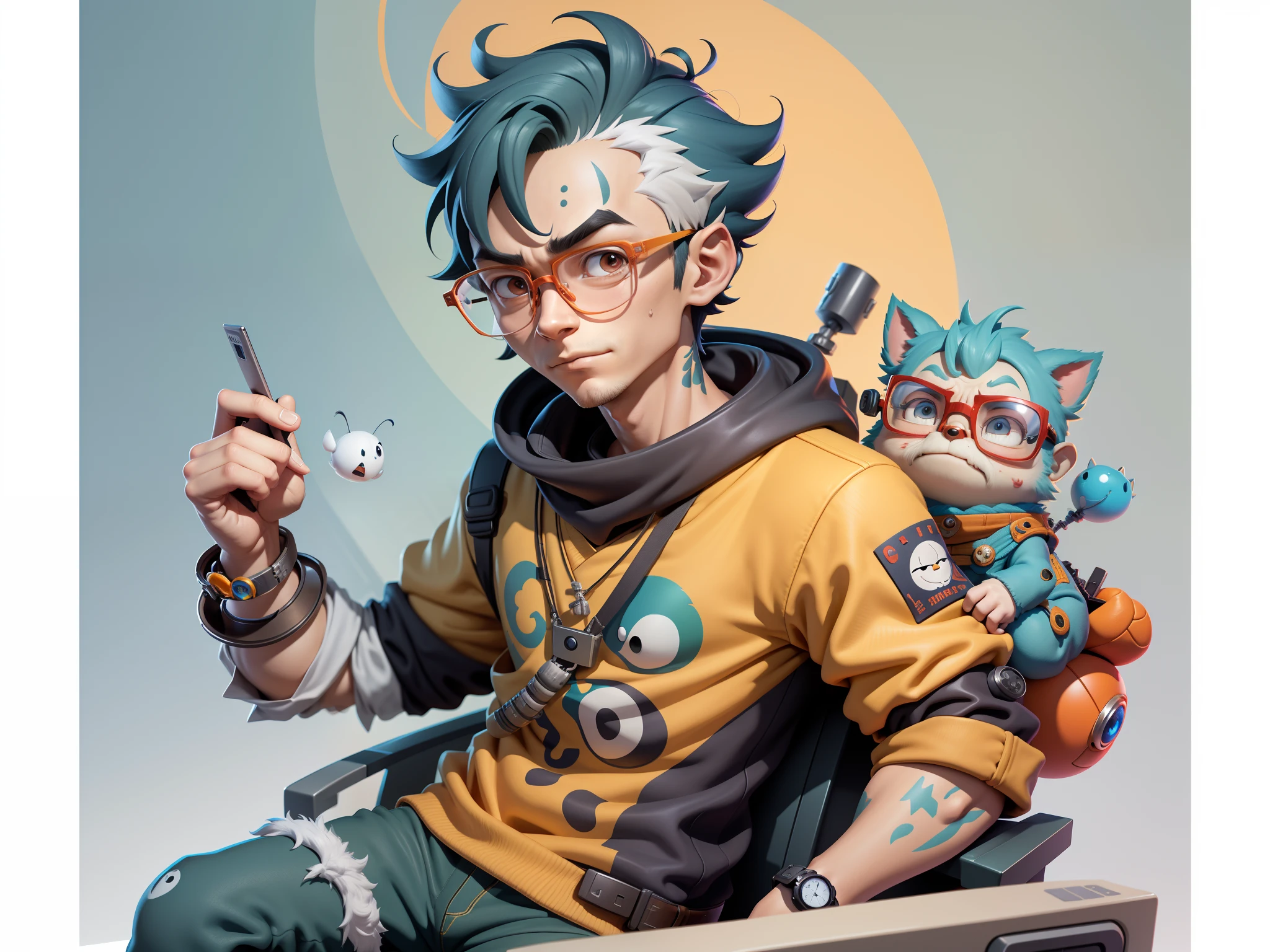 A young man with glasses sits at his desk,holding laptop,digitial painting,3D character design by Mark Clairen and Pixar and Hayao Miyazaki and Akira Toriyama,4K HD illustration,Very detailed facial features and cartoon-style visuals。