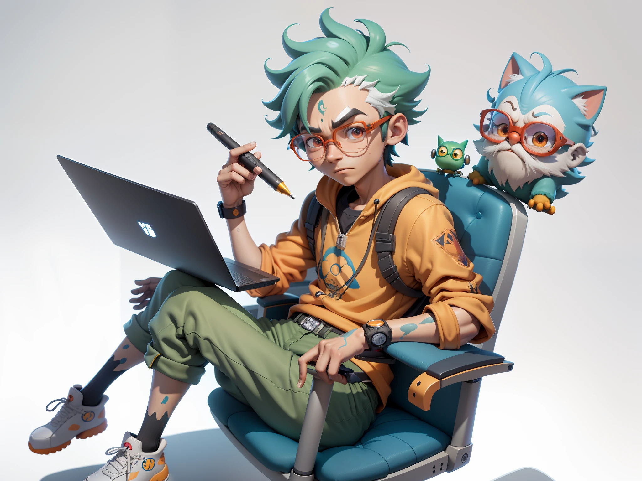 A young man with glasses sits at his desk,holding laptop,digitial painting,3D character design by Mark Clairen and Pixar and Hayao Miyazaki and Akira Toriyama,4K HD illustration,Very detailed facial features and cartoon-style visuals。