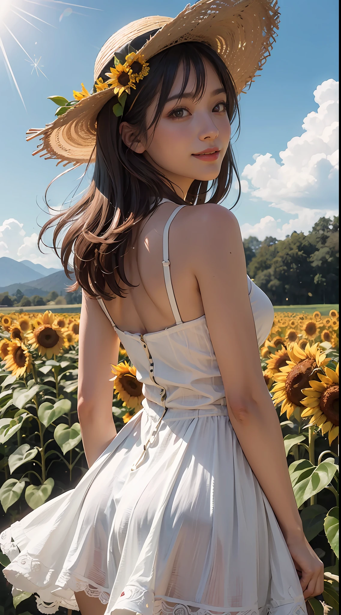 Unbeatable masterpiece, Ultra photo realsisim, Perfect artwork, Intricate details, Best quality, Strong light,High contrast, Sunflower field , cute kawaii girls ,(Sweat:0.5) , arms back behind , White knee-length camisole dress , Straw hat , Smile,Strong light , Sunlight , Wind , Summer sky ,incoming , Attack , Magic effects , Fireworks .light bloom , Lens flare , (far from viewer:1.1), High quality , Best , high resolution , best qualtiy , Award-Awarded , Highly detailed .ultra extreme details , Masterpiece ,