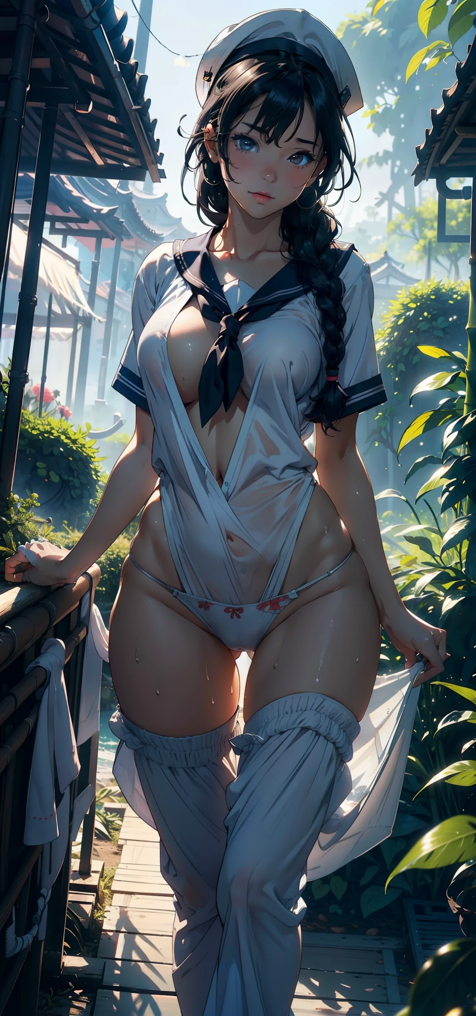 1female，25 age old，Slim，Large breasts，long leges，Big breasts Thin waist，Pornographic exposure， 独奏，（Background with：bamboo forrest，Stand in a sea of flowers，in summer） She has very short black hair，standing on your feet，Sweat profusely，drenched all over the body，seen from the front， Twist braids， mostly cloudy sky，（（（tmasterpiece），（Very detailed CG unity 8K wallpaper），best qualtiy，cinmatic lighting，detailed back ground，beatiful detailed eyes，Bright pupils，（Very fine and beautiful），（Beautiful and detailed eye description），ultra - detailed，tmasterpiece，）），facing at camera，A high resolution，ultra - detailed），revealing breasts，Bare genitalia， Bulge，Camel toes，Raised sexy，Flushed complexion，Open-mouthed，frontage，Sailor's cap，（Wearing：Sailor uniform，Black jumpsuits，）nakeness，upper body photos