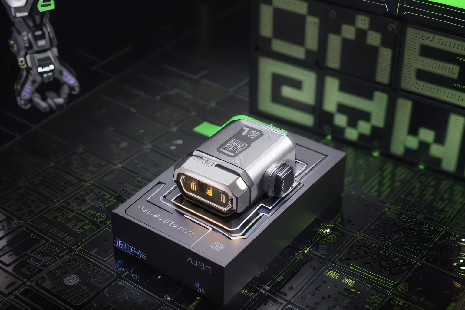 On the black box was a small silver lighter, Cybernetic components!!, Official product photo, Cyberpunk accessories, hyper detailed ultra sharp, Super Sharp - AR 1 6 : 9, Helios 44-2, detailled image, product image, Top view, Full view, micro detail 4k, full product shot，Add suitable small objects